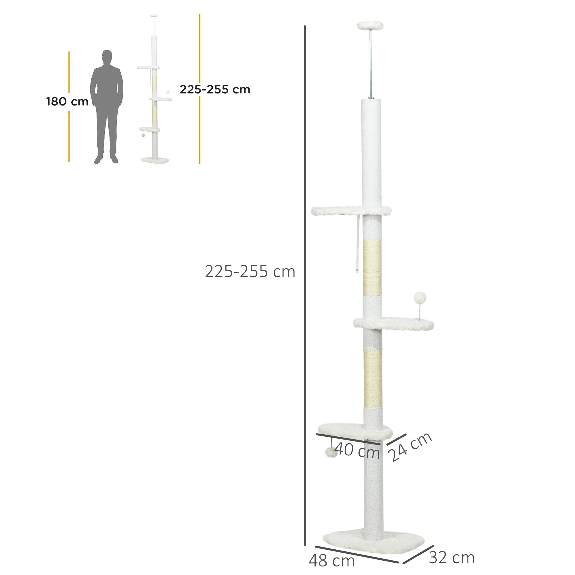 Pawhut - Arbre à chat réglable en hauteur 225-255 cm - tour pour chat 3 griffoirs nuages, 2 balles - blanc - Imagen 3