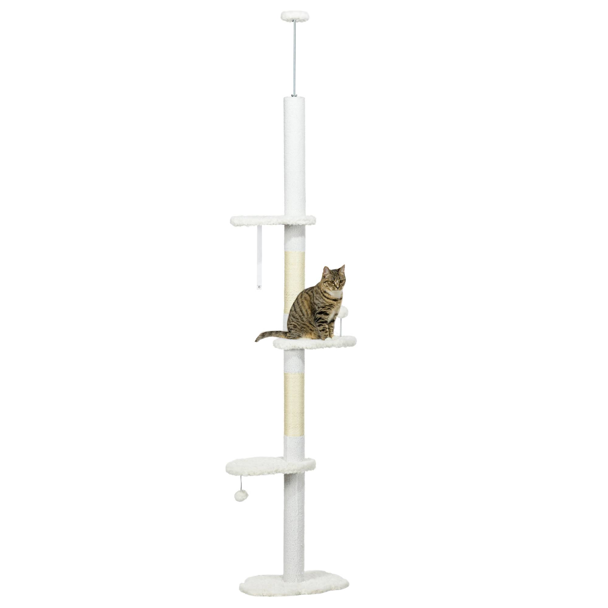 Pawhut - Arbre à chat réglable en hauteur 225-255 cm - tour pour chat 3 griffoirs nuages, 2 balles - blanc - Imagen 1