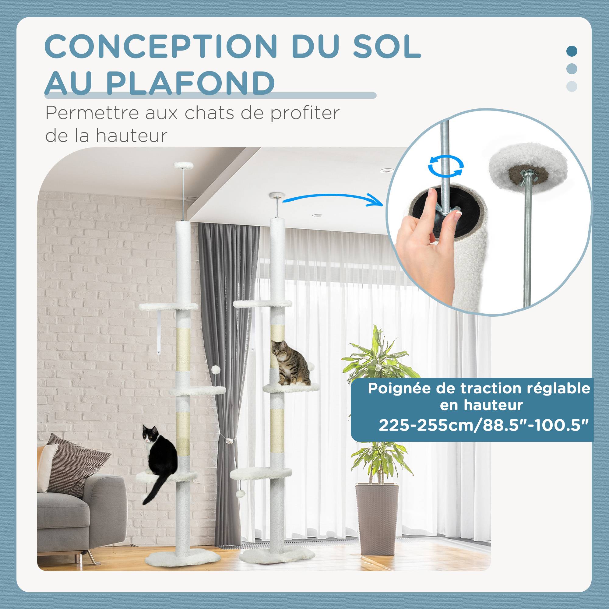 Pawhut - Arbre à chat réglable en hauteur 225-255 cm - tour pour chat 3 griffoirs nuages, 2 balles - blanc - Imagen 5