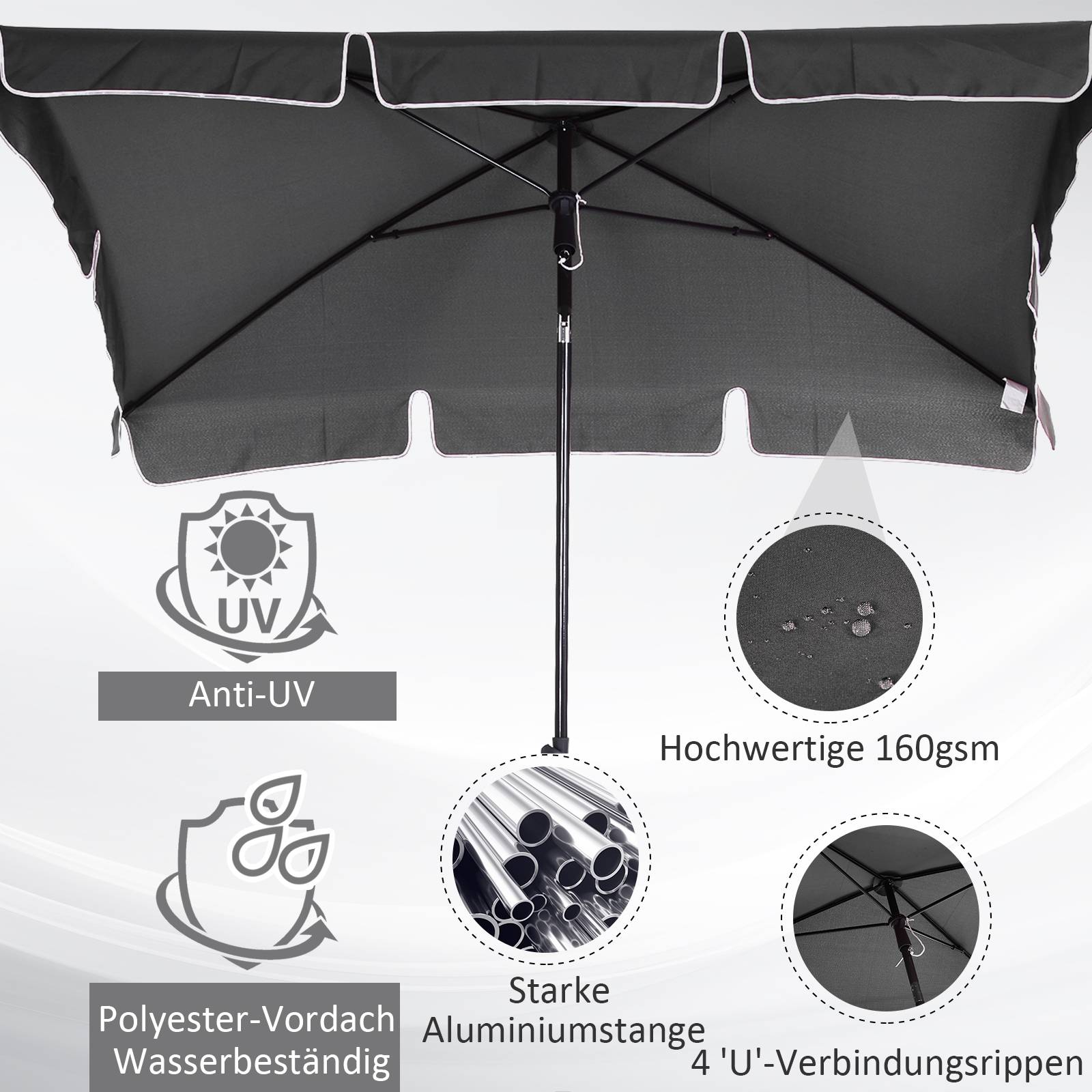 ComfortXL - Parasol Rectangulaire Inclinable Aluminium Balcon Terrasse 200x130cm Gris - ComfortXL Outdoor Living - Image 6