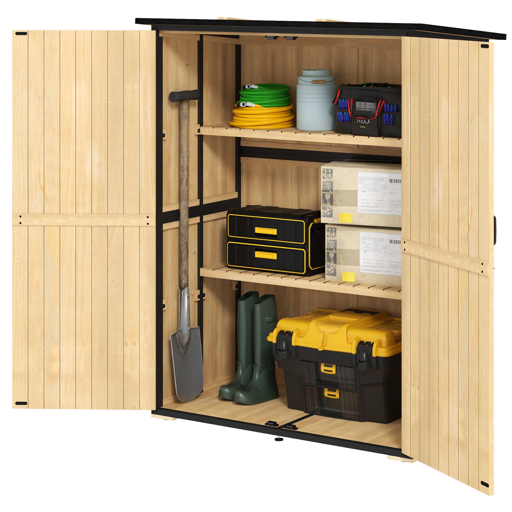 ComfortXL - Armoire de jardin sapin acier 140 x 74 x 167/173 cm bois naturel 2 étagères réglables rangement sécurisé toit bitumé - Image 2