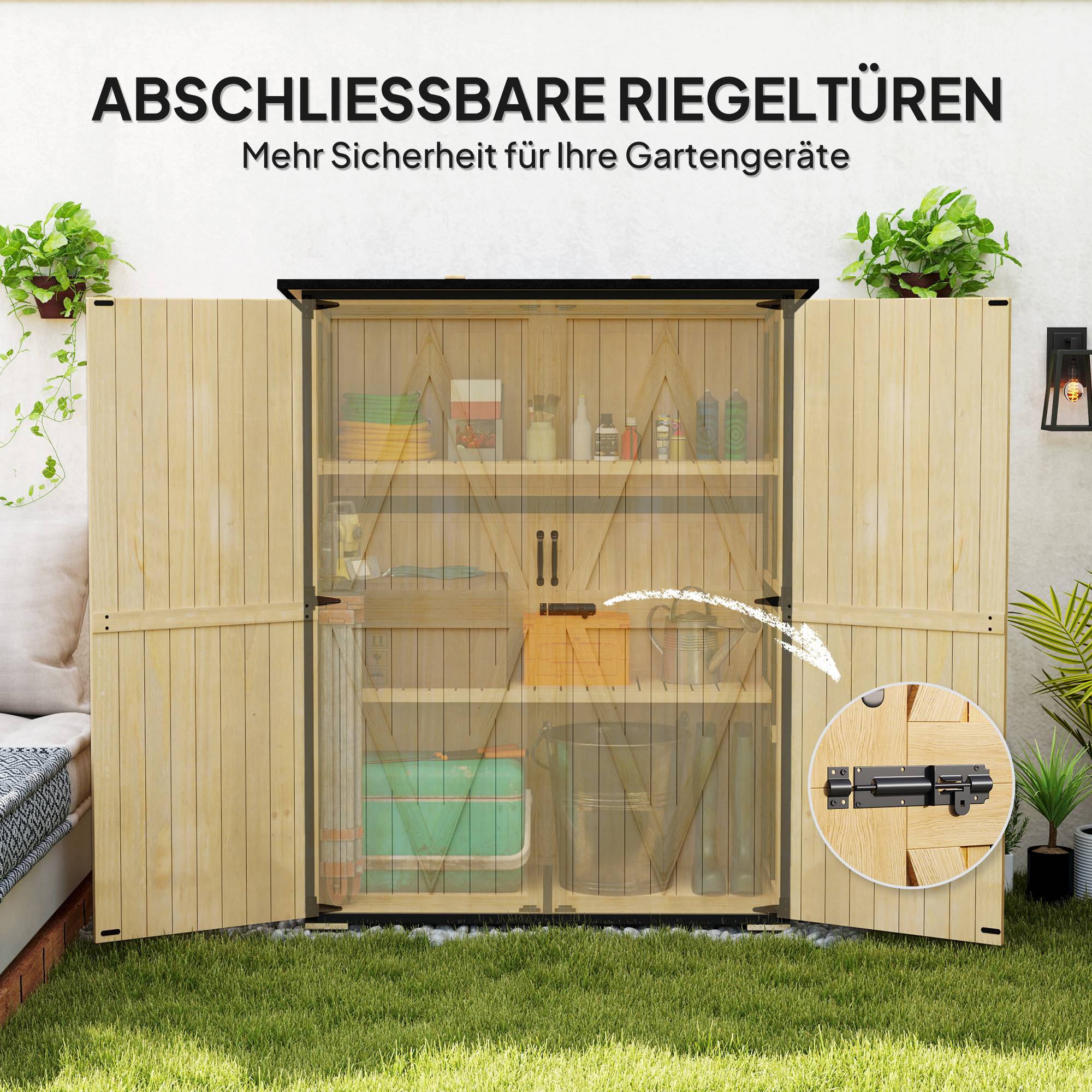 ComfortXL - Armoire de jardin sapin acier 140 x 74 x 167/173 cm bois naturel 2 étagères réglables rangement sécurisé toit bitumé - Image 7