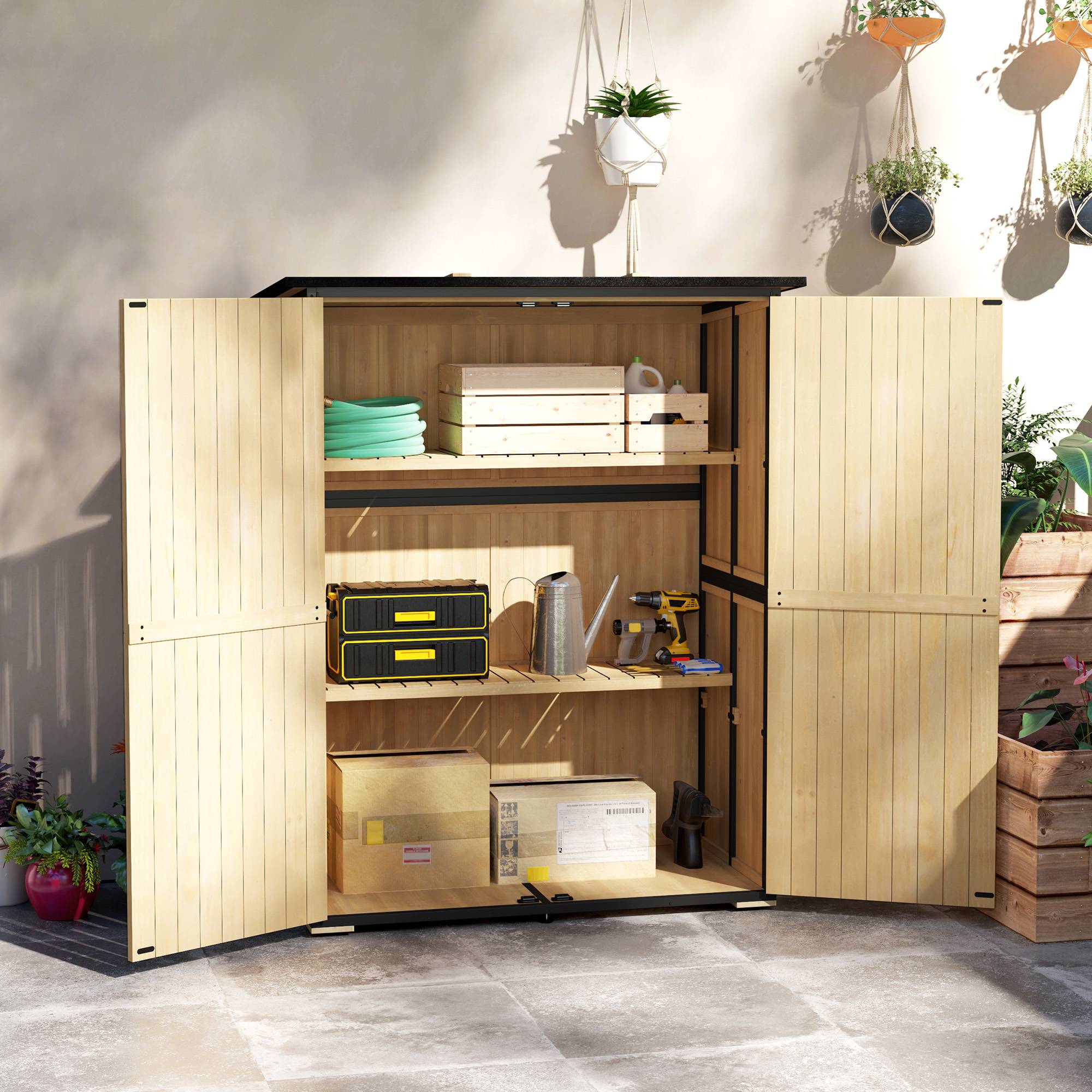 ComfortXL - Armoire de jardin sapin acier 140 x 74 x 167/173 cm bois naturel 2 étagères réglables rangement sécurisé toit bitumé - Image 1