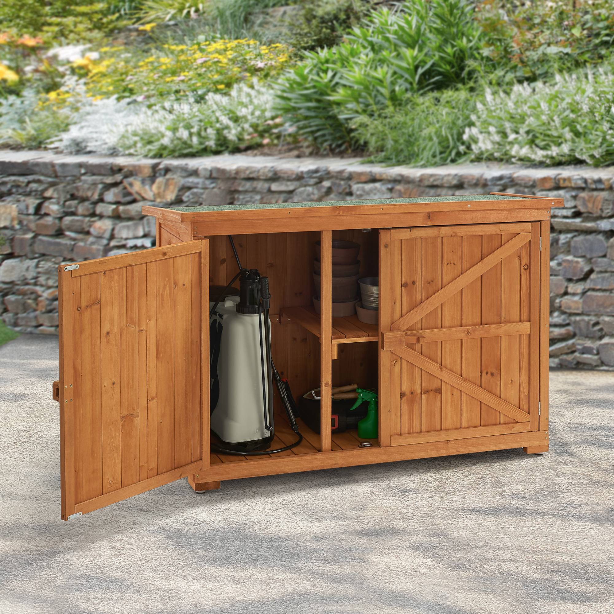 Cofre de almacenamiento de 2 puertas Kerteminde para exterior leñera de abeto 88 x 128 x 50 cm [en.casa] - Imagen 2