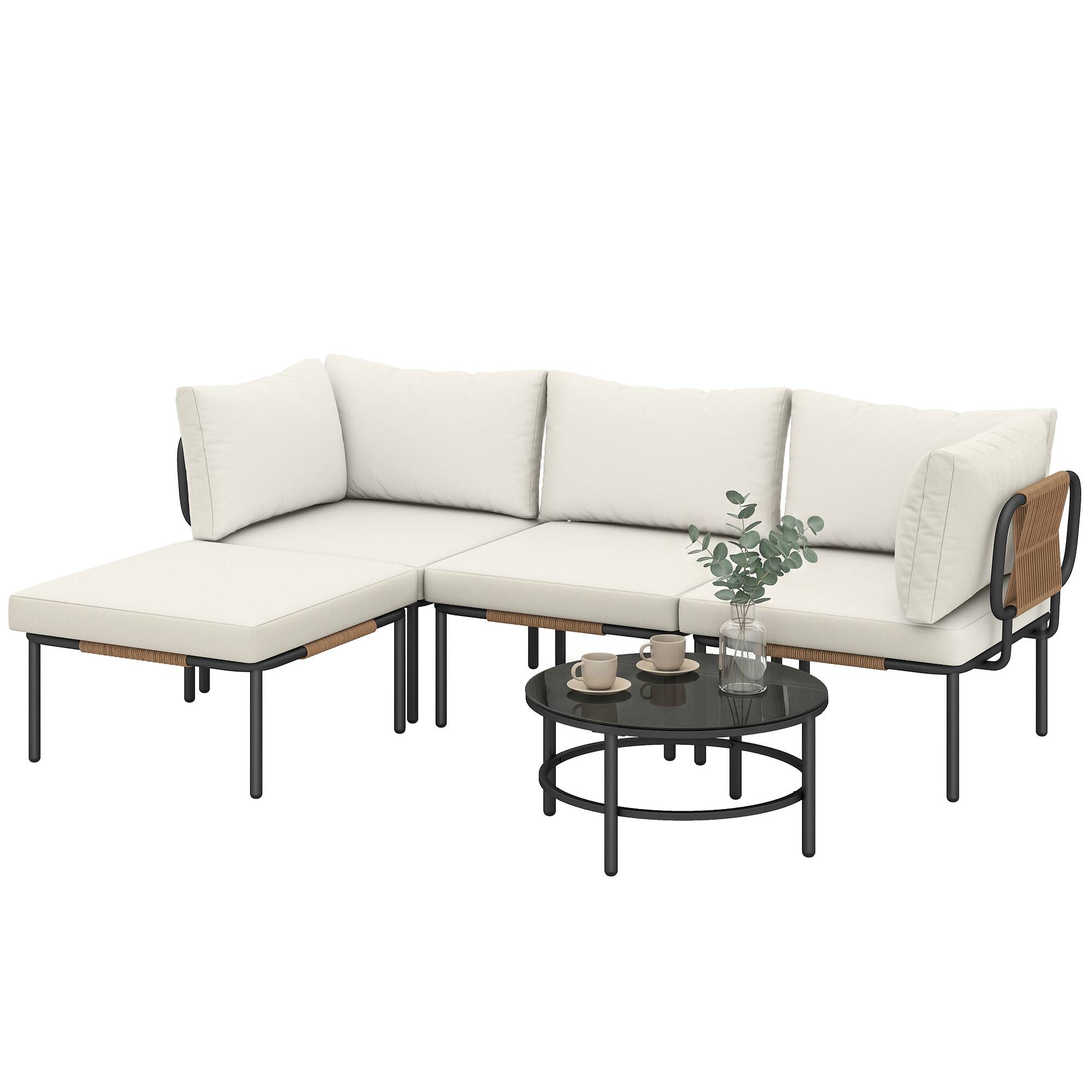 Ensemble jardin 5 pcs rotin modulable avec canapé L, table et coussins, kaki - Image 2