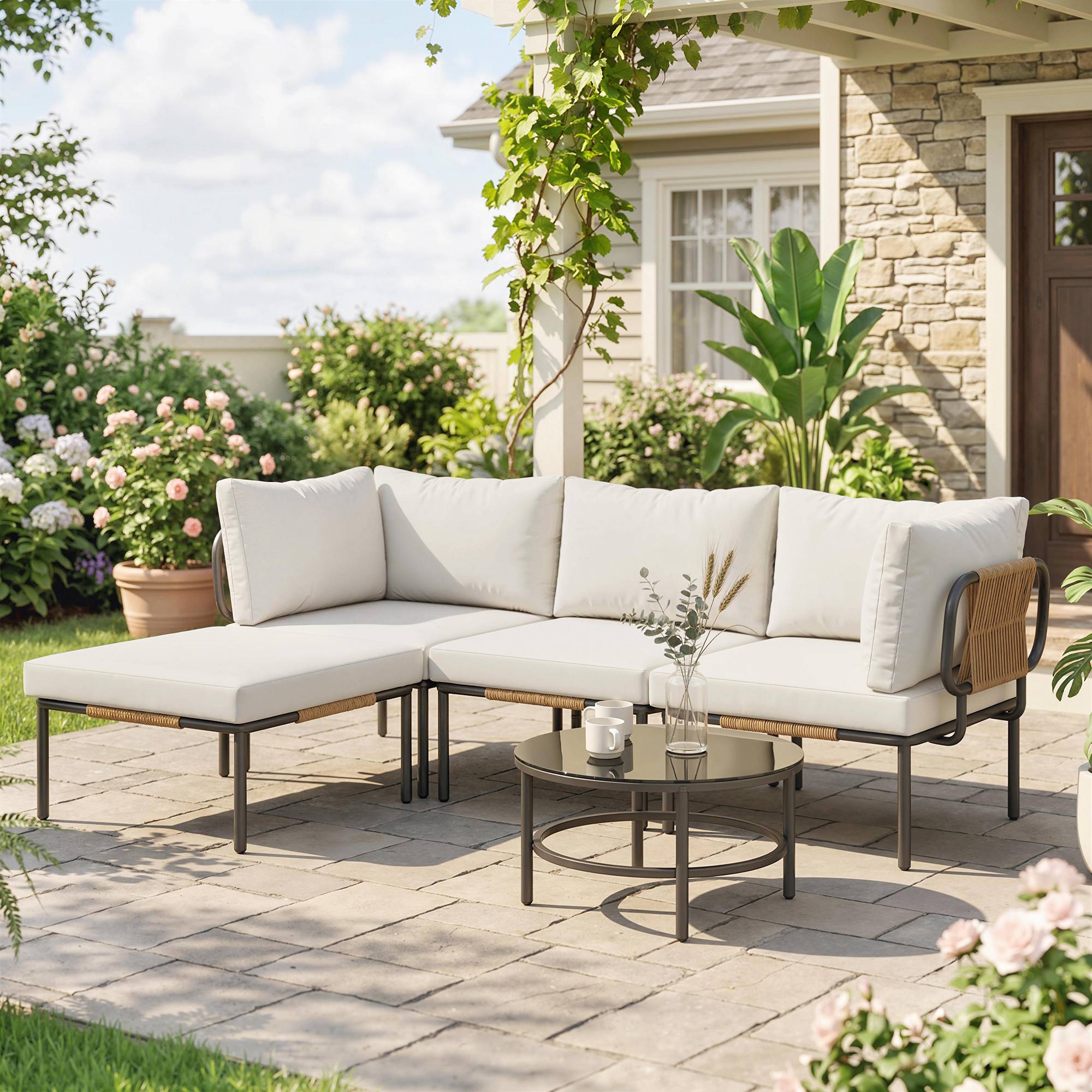 Ensemble jardin 5 pcs rotin modulable avec canapé L, table et coussins, kaki - Image 4