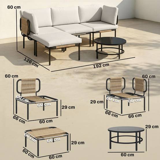 Ensemble jardin 5 pcs rotin modulable avec canapé L, table et coussins, kaki - Image 5