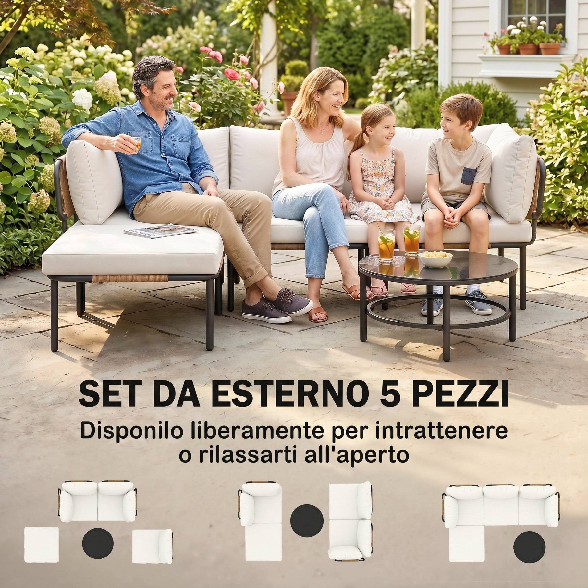 Ensemble jardin 5 pcs rotin modulable avec canapé L, table et coussins, kaki - Image 6