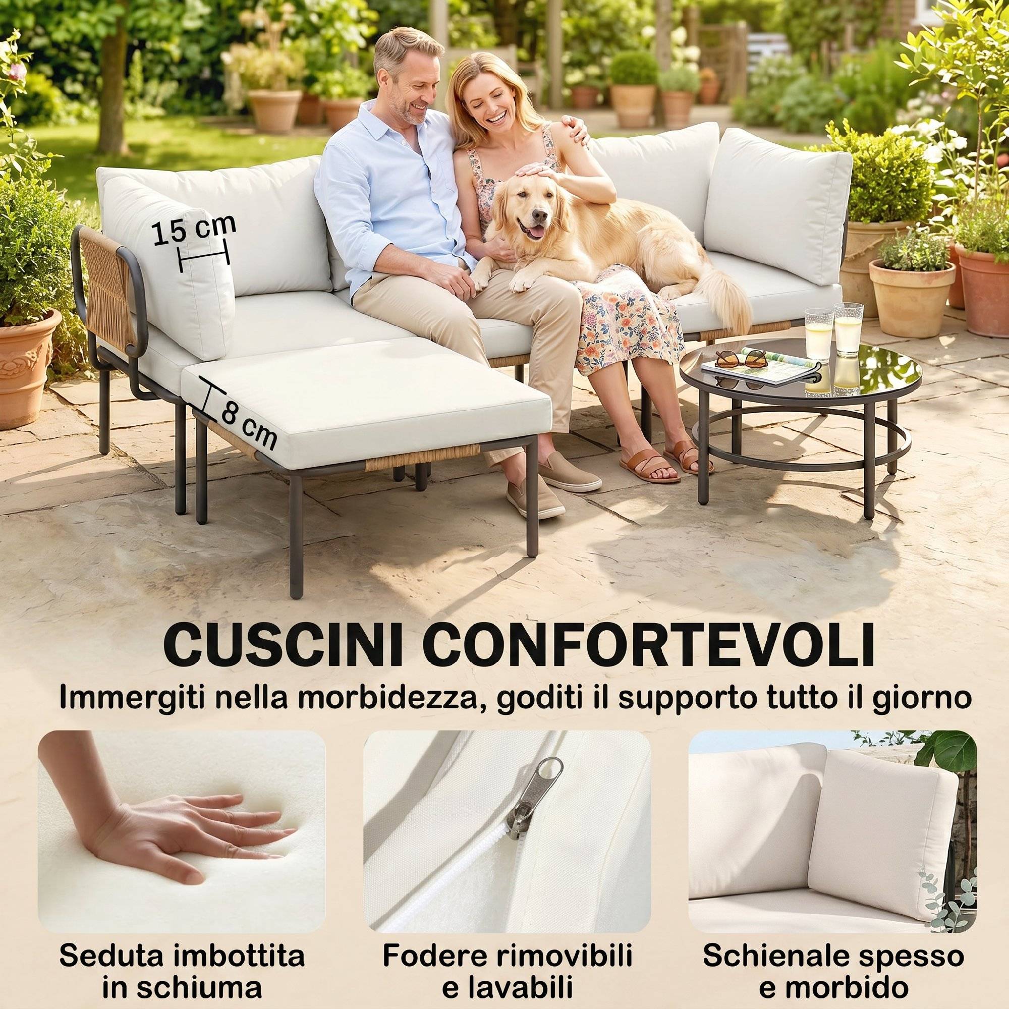 Ensemble jardin 5 pcs rotin modulable avec canapé L, table et coussins, kaki - Image 8