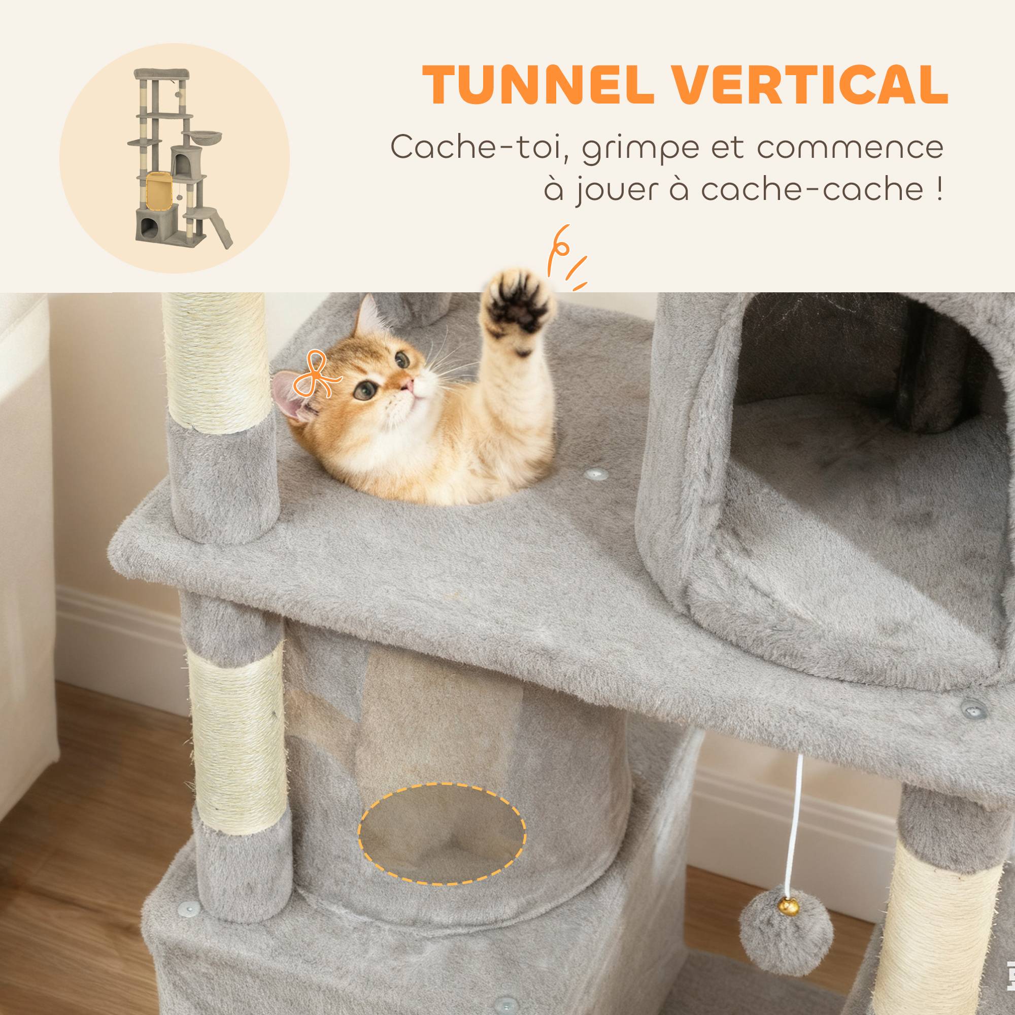 Arbre à chat sisal et peluche gris foncé 60 x 40 x 170 cm - PANGIVO - Image 8