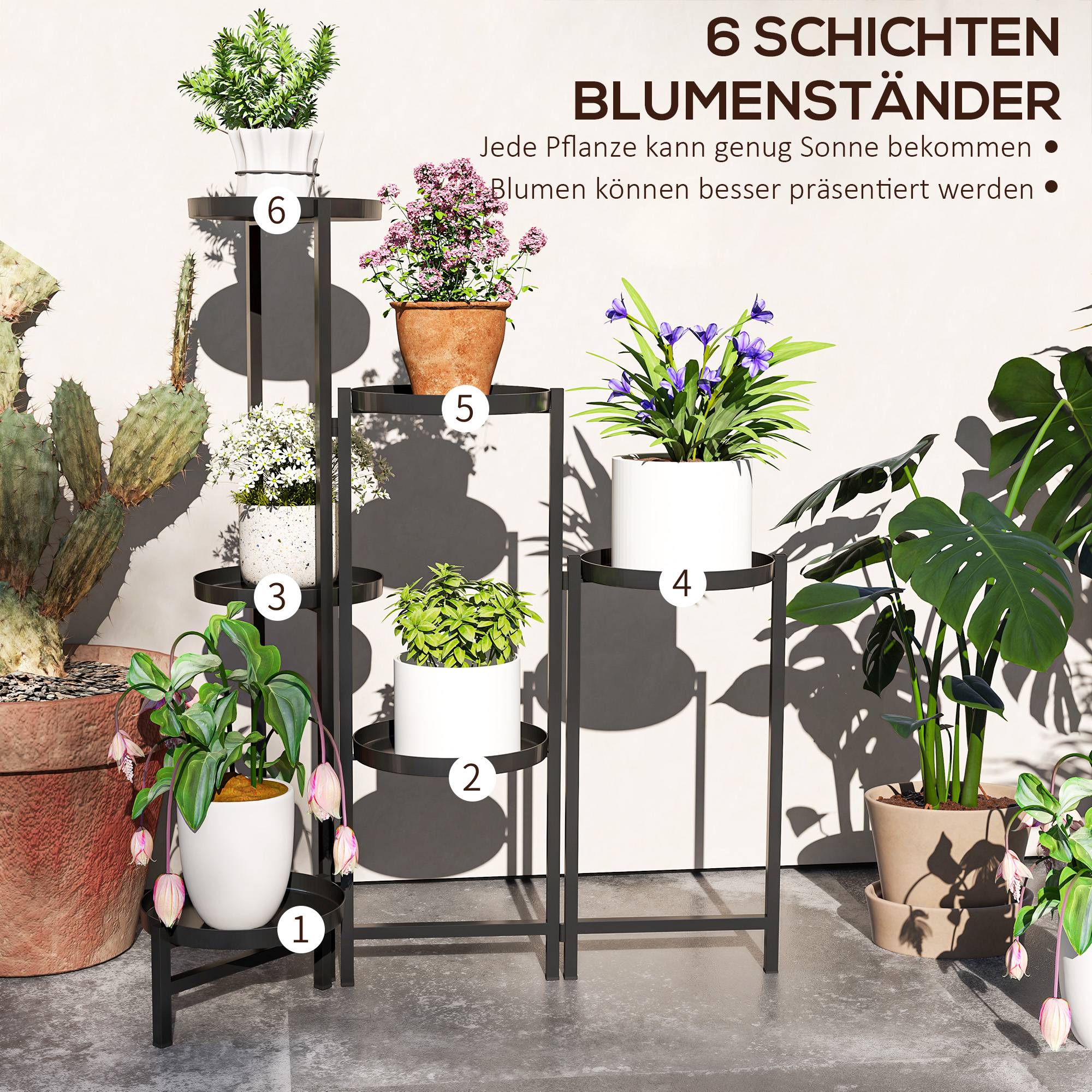 Porte-plantes en métal à 6 niveaux intérieur et extérieur pliant noir 60x40x80cm - ComfortXL Outdoor Living - Image 6