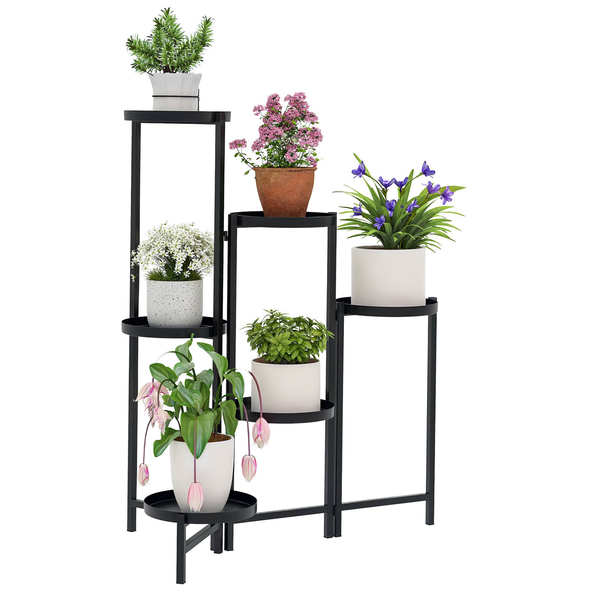 Porte-plantes en métal à 6 niveaux intérieur et extérieur pliant noir 60x40x80cm - ComfortXL Outdoor Living - Image 1
