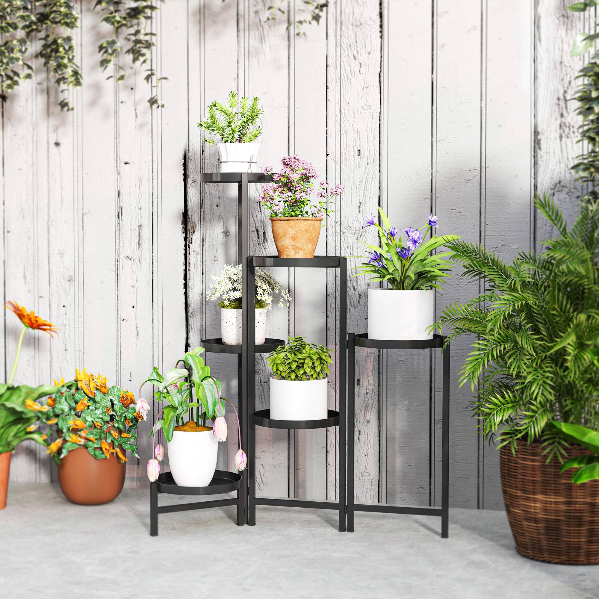 Porte-plantes en métal à 6 niveaux intérieur et extérieur pliant noir 60x40x80cm - ComfortXL Outdoor Living - Image 4