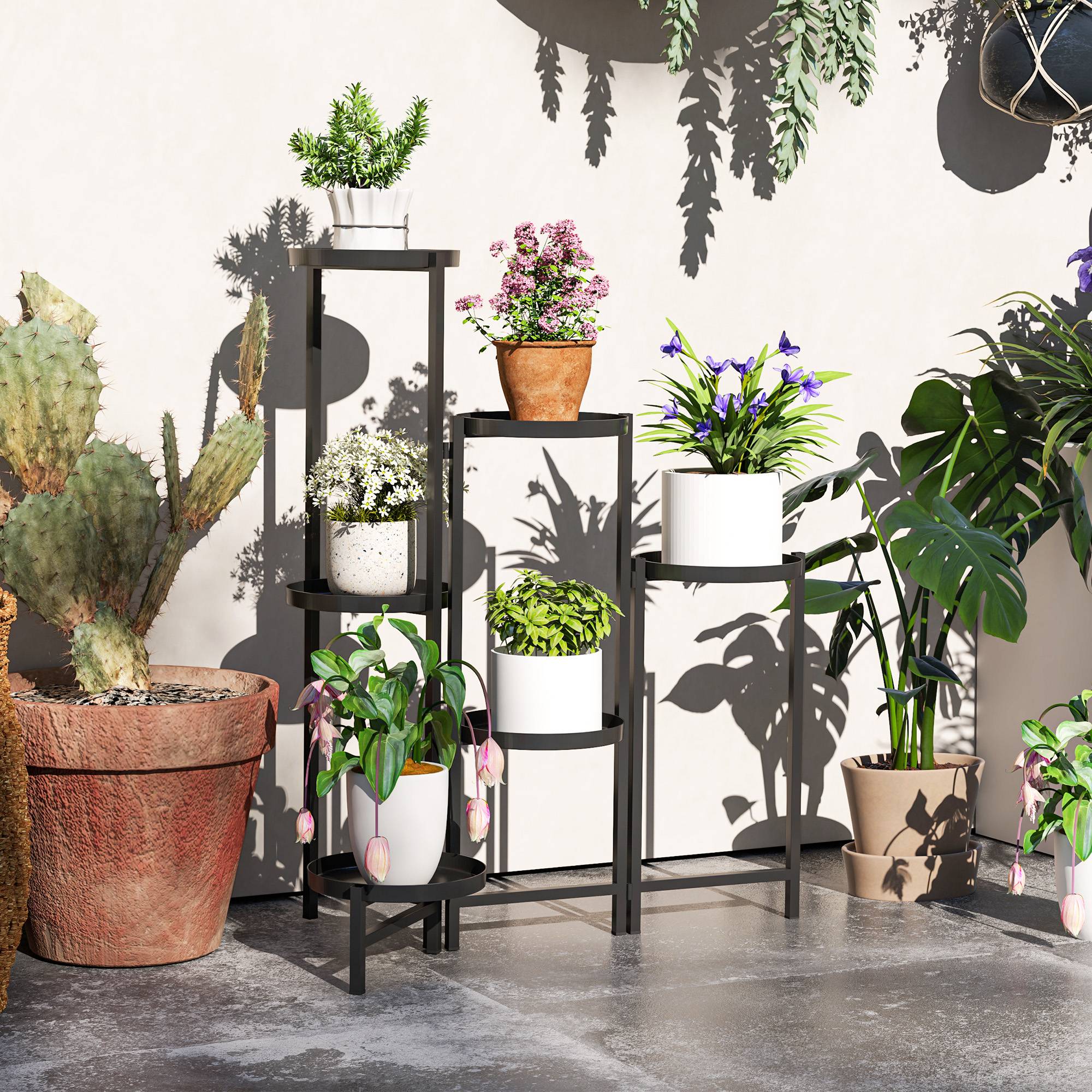 Porte-plantes en métal à 6 niveaux intérieur et extérieur pliant noir 60x40x80cm - ComfortXL Outdoor Living - Image 3