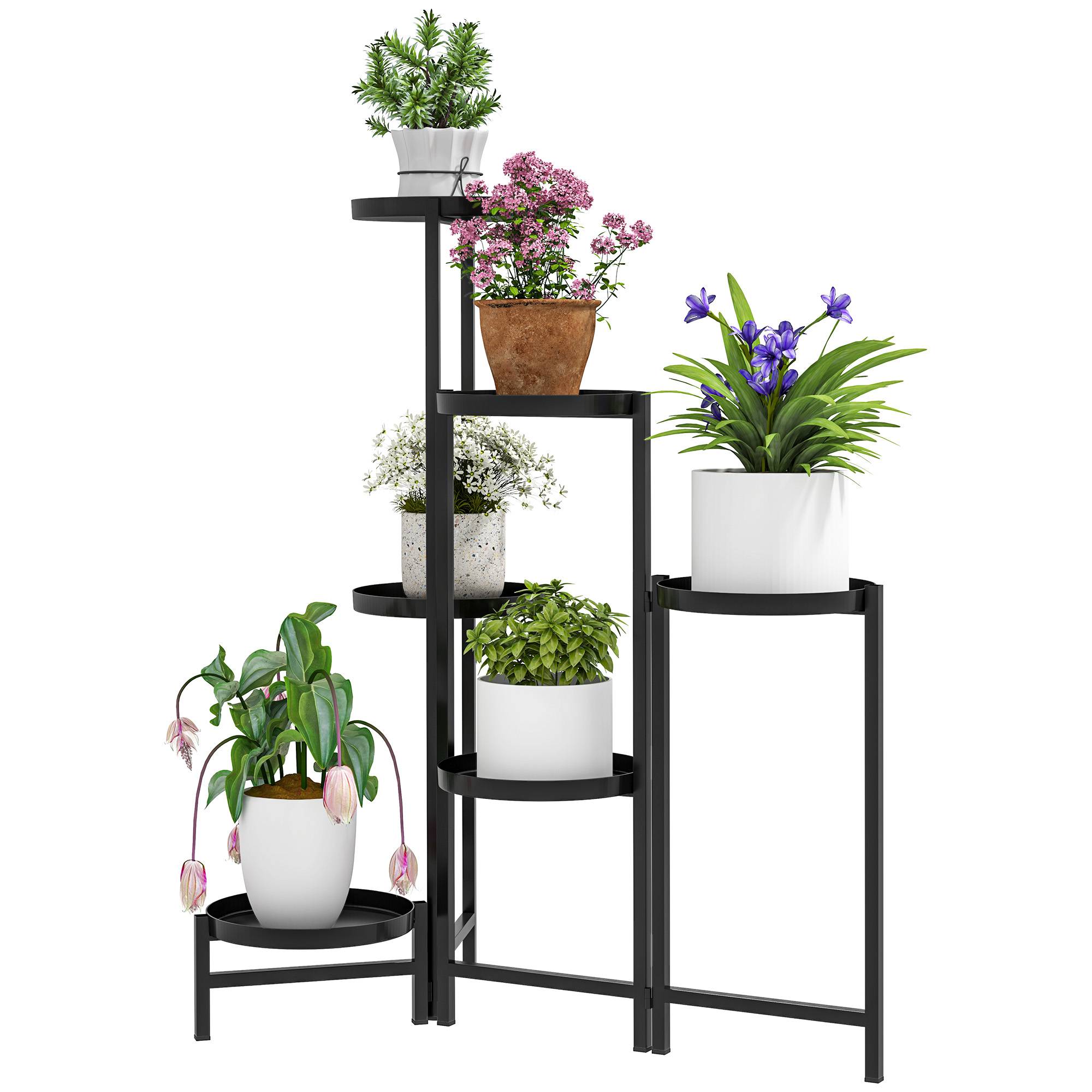 Porte-plantes en métal à 6 niveaux intérieur et extérieur pliant noir 60x40x80cm - ComfortXL Outdoor Living - Image 2