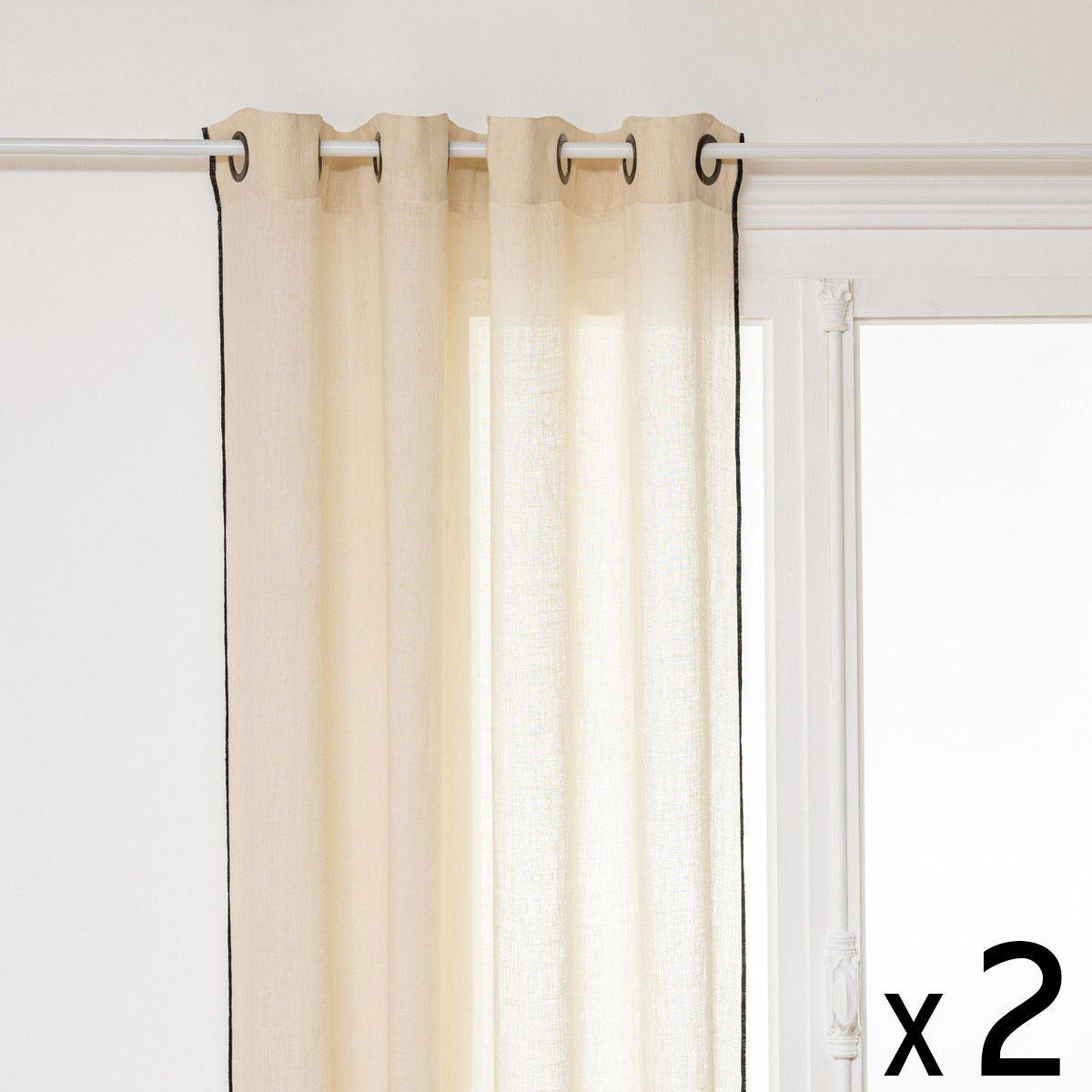 Atmosphera - Lot de 2 Rideaux à œillets en Lin Beige  avec surpiqûre noire 130 x 260 cm - Imagen 1