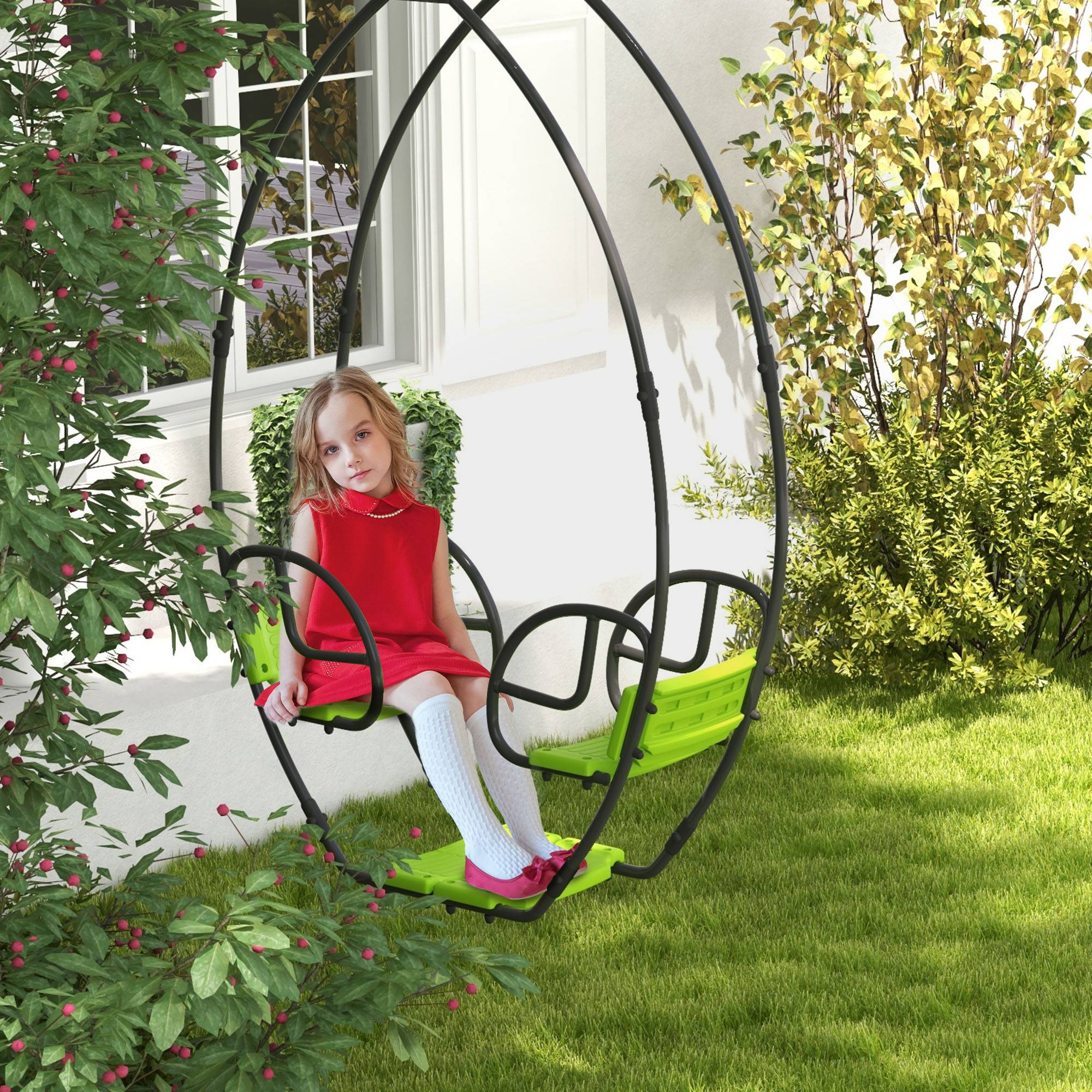 Balançoire pour enfants structure en métal avec poignée pour 2 enfants de 3 à 6 ans 110,5 x 40,5 x 180 cm vert - Image 4