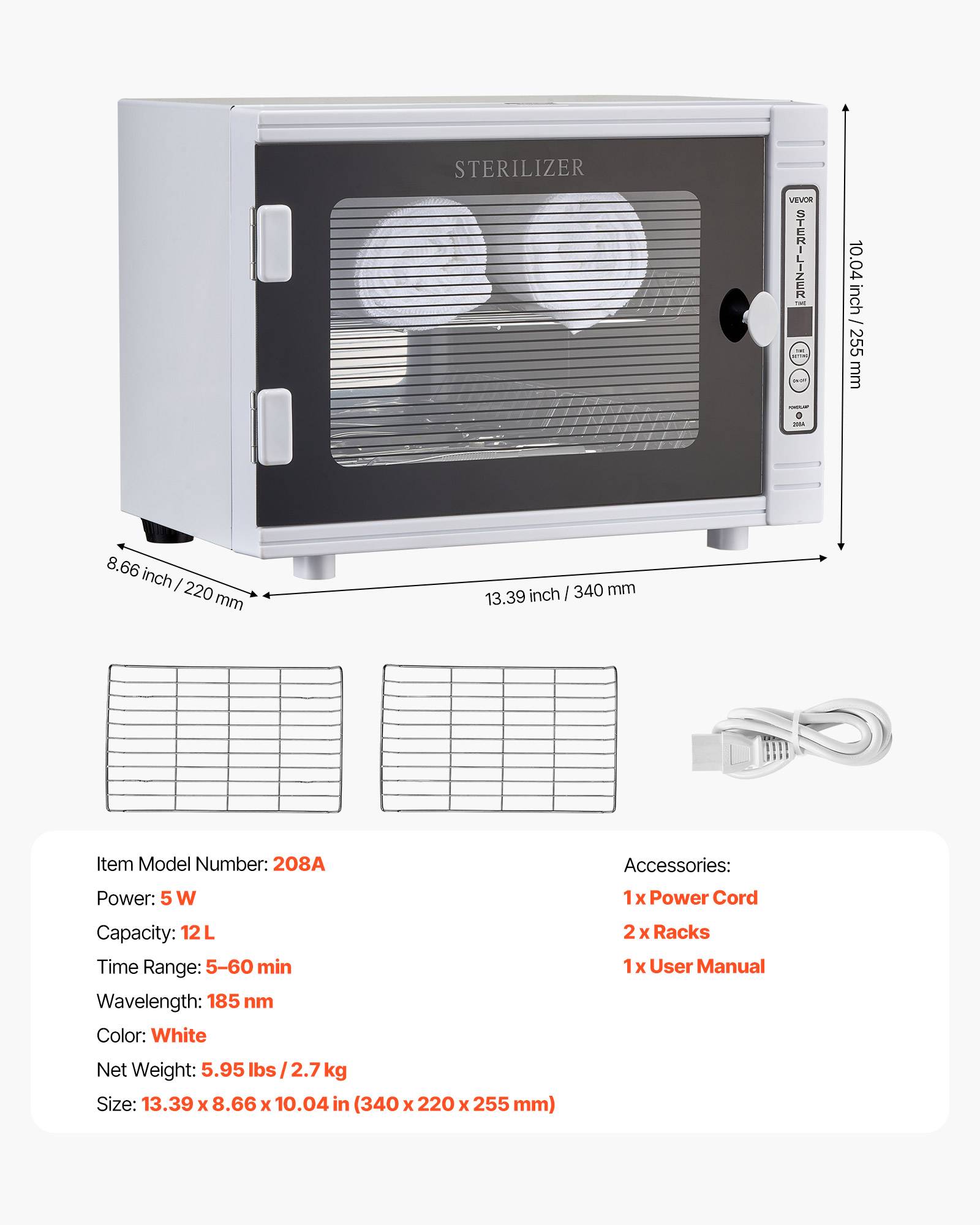 VEVOR Stérilisateur UV grande capacité 12L. Minuterie, longueur d'onde 185nm. Pour labo, maison, salon de beauté. - Image 7