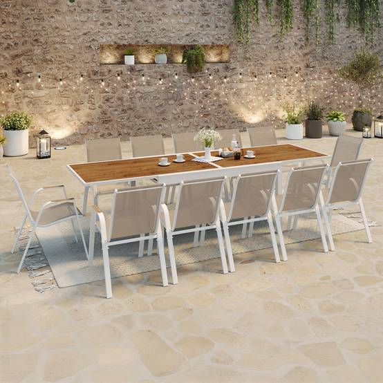 Salon de jardin NOUMEA table extensible 135/270 CM plateau verre trempé effet bois et 12 chaises empilables blanc et bois - Image 1