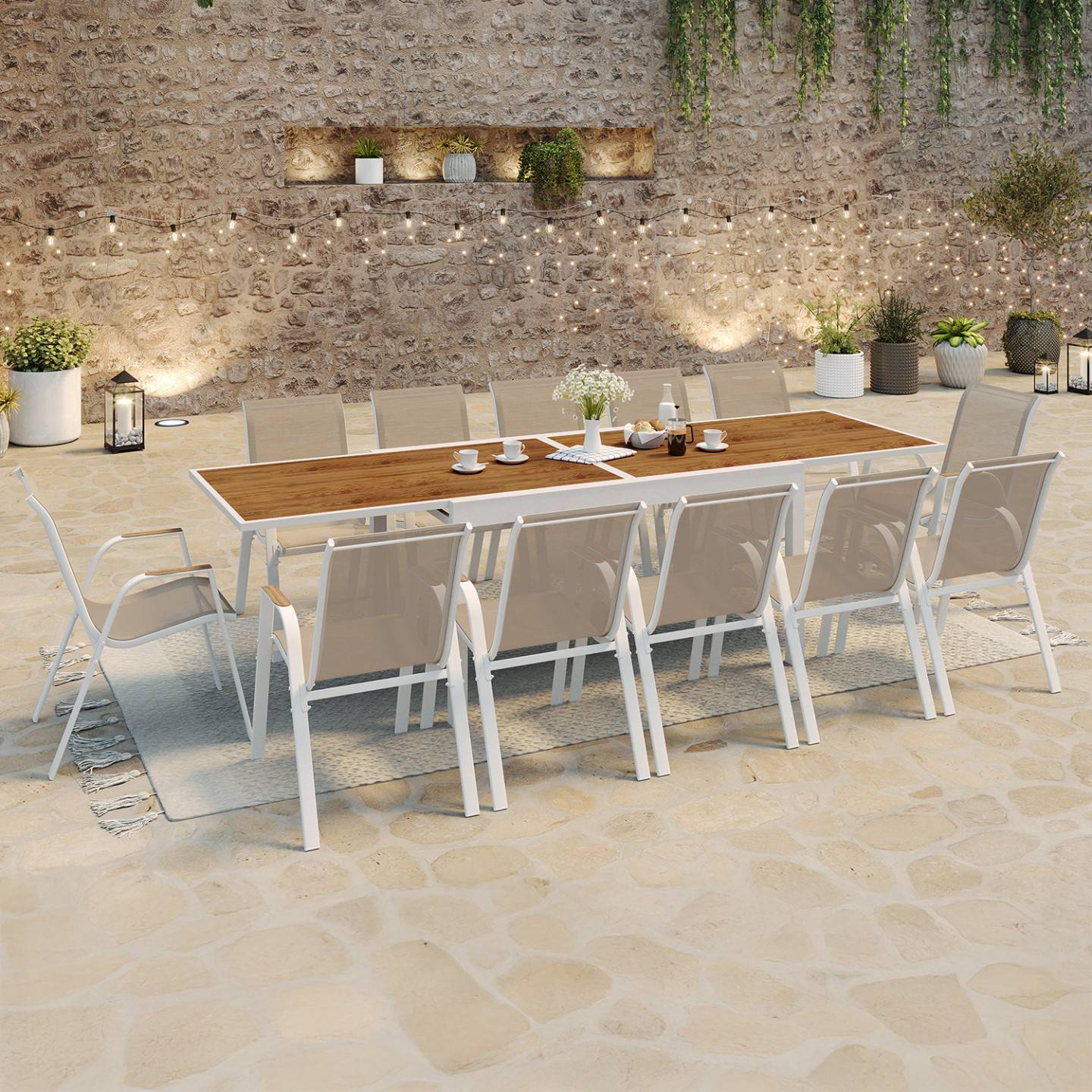 Salon de jardin NOUMEA table extensible 135/270 CM plateau verre trempé effet bois et 12 chaises empilables blanc et bois - Image 1