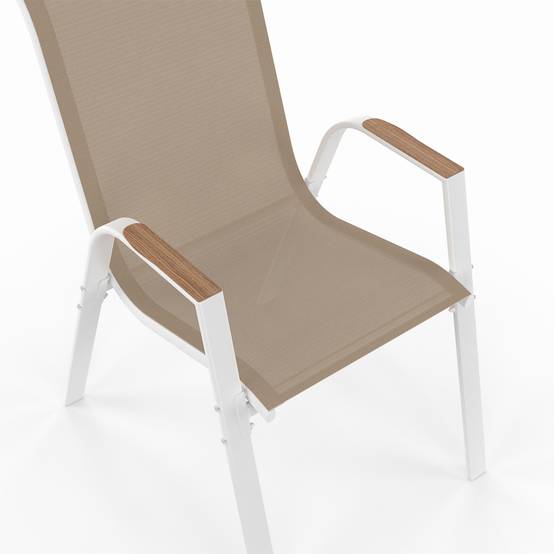 Salon de jardin NOUMEA table extensible 135/270 CM plateau verre trempé effet bois et 12 chaises empilables blanc et bois - Image 9