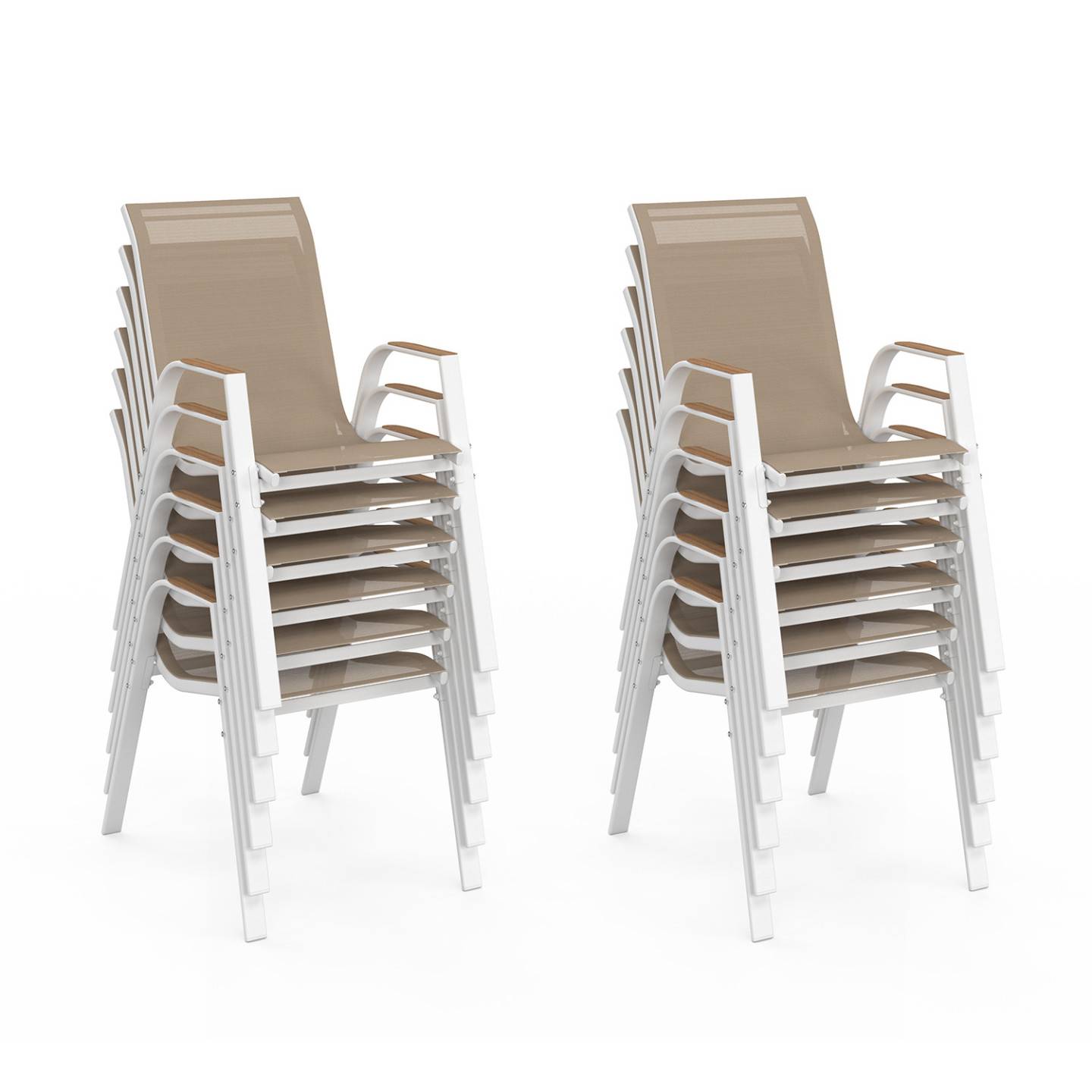 Salon de jardin NOUMEA table extensible 135/270 CM plateau verre trempé effet bois et 12 chaises empilables blanc et bois - Image 5