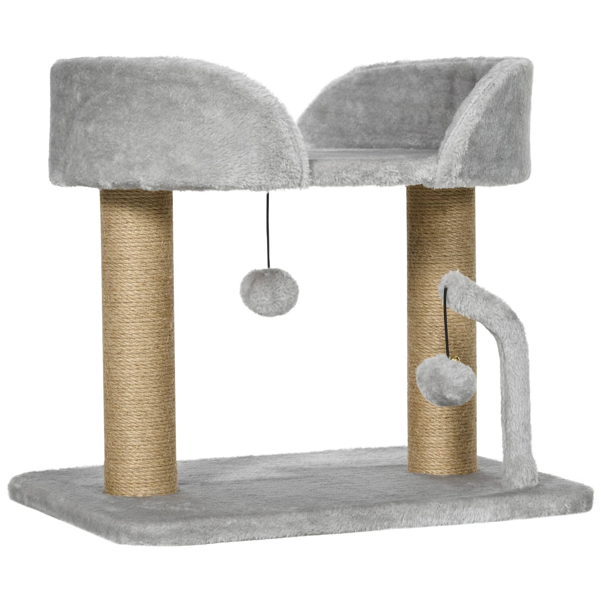 Pawhut - Arbre à chat 2 griffoirs jute naturelle panier jeu 2 boules suspendues avec clochettes peluche grise - Imagen 1