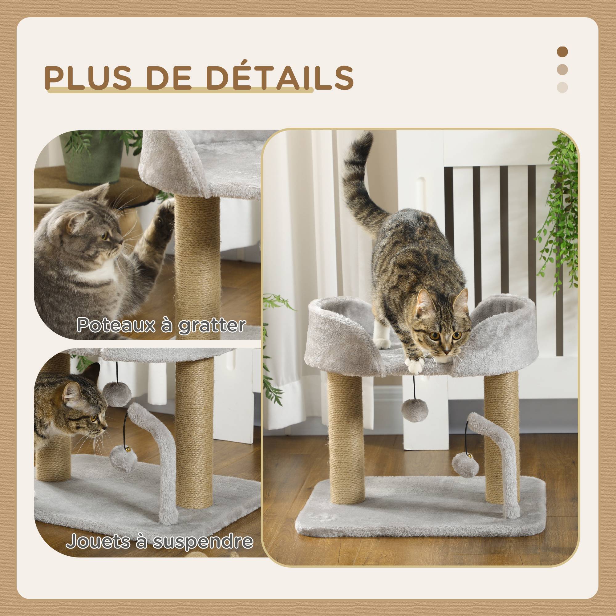 Pawhut - Arbre à chat 2 griffoirs jute naturelle panier jeu 2 boules suspendues avec clochettes peluche grise - Imagen 5