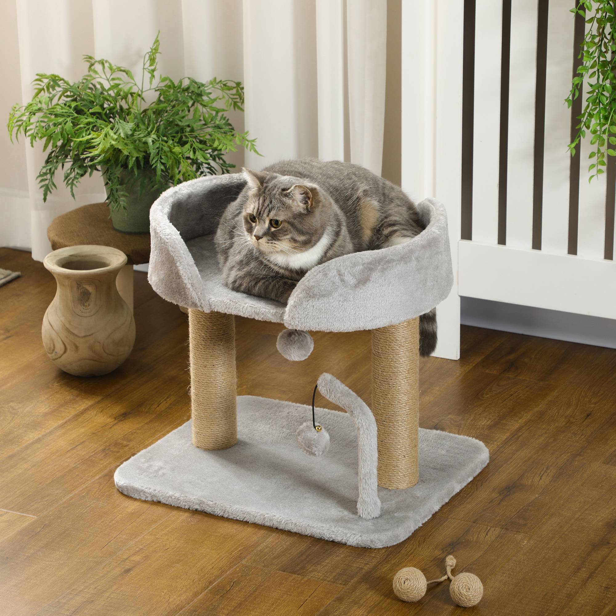 Pawhut - Arbre à chat 2 griffoirs jute naturelle panier jeu 2 boules suspendues avec clochettes peluche grise - Imagen 9