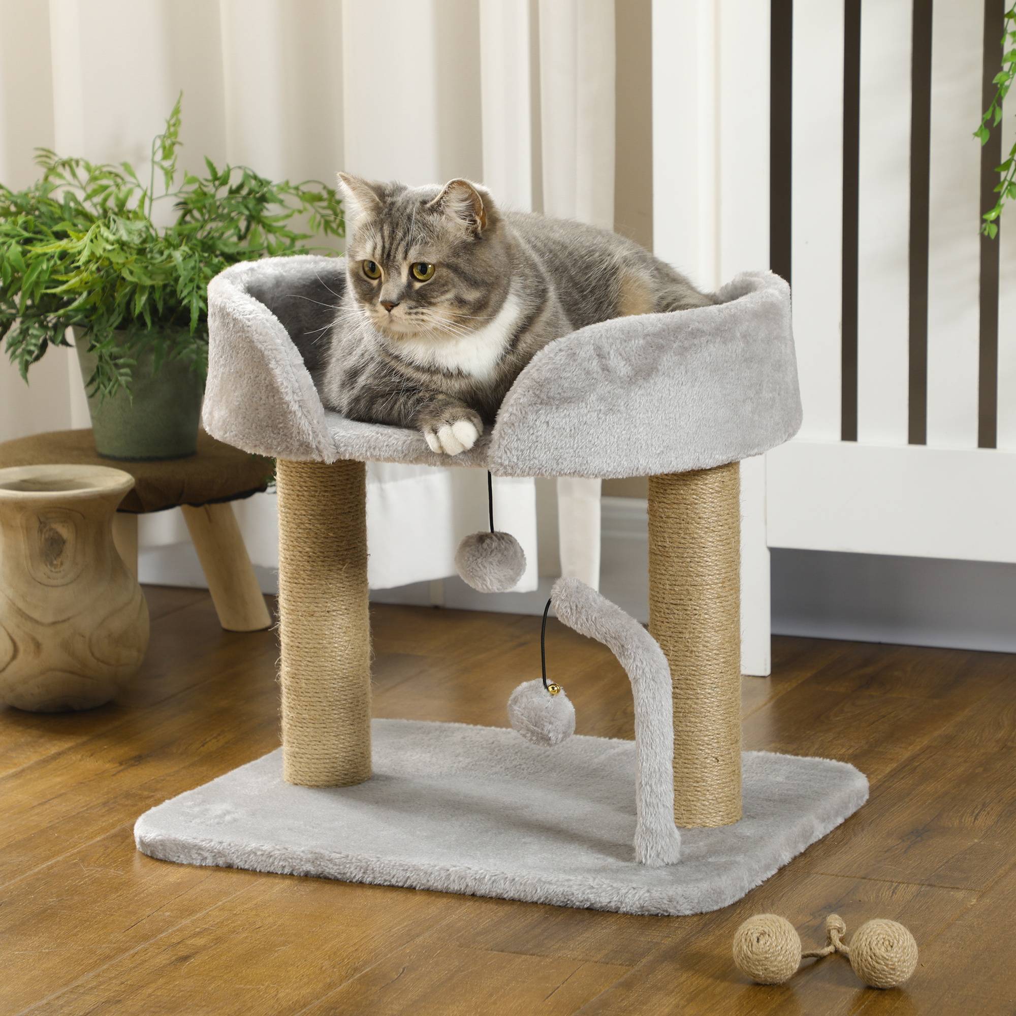 Pawhut - Arbre à chat 2 griffoirs jute naturelle panier jeu 2 boules suspendues avec clochettes peluche grise - Imagen 2