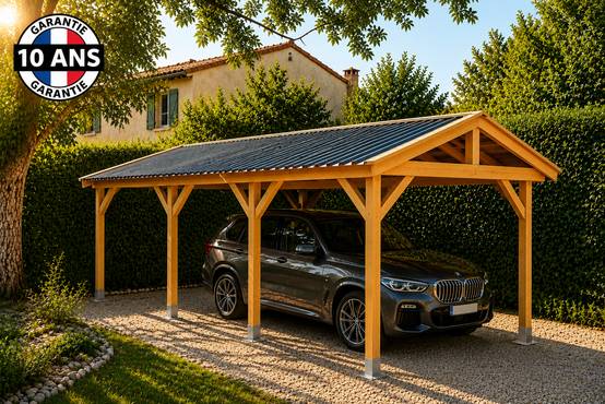 Carport SUR MESURE deux pentes 600 cm x 8 poteaux, bois DOUGLAS Français (Charpente en bois-auvent-abri voiture). Garantie 10 ans - Image 1