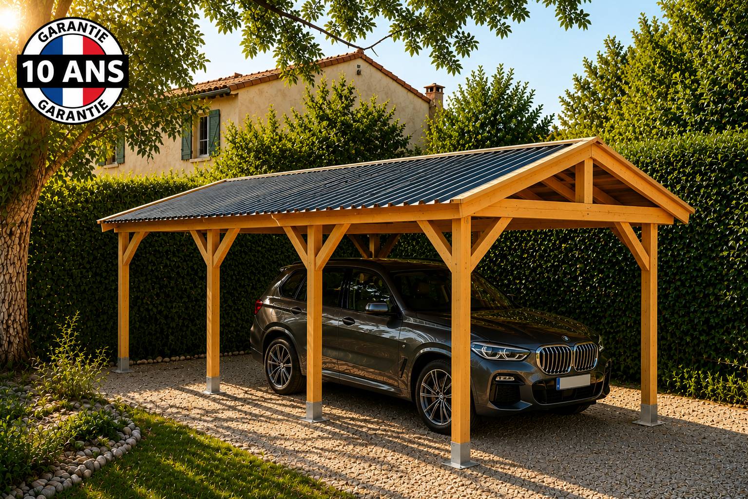 Carport SUR MESURE  deux pentes 600 cm x 8 poteaux, bois DOUGLAS Français  (Charpente en bois-auvent-abri voiture). Garantie 10 ans - Image 1
