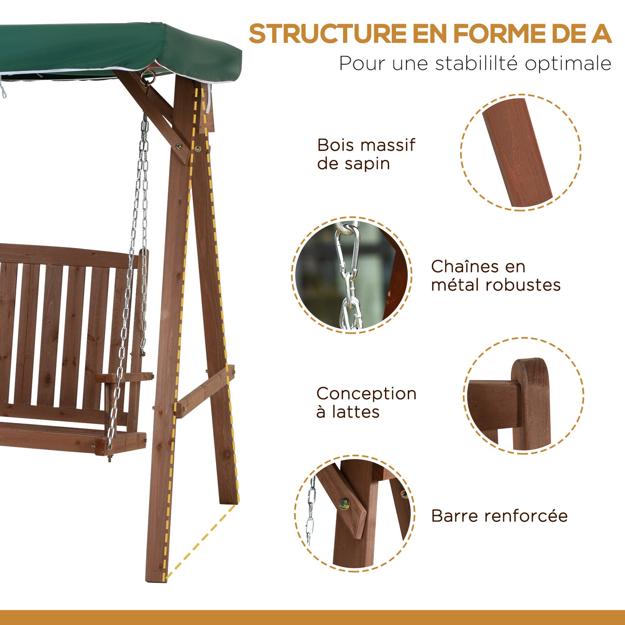 Outsunny - Balancelle de jardin 2 places dim. 1,6L x 1,2l x 1,65H m charge max. reco. 227 Kg toit pare-soleil intégré bois de sapin polyester vert - Outsunny - Imagen 4