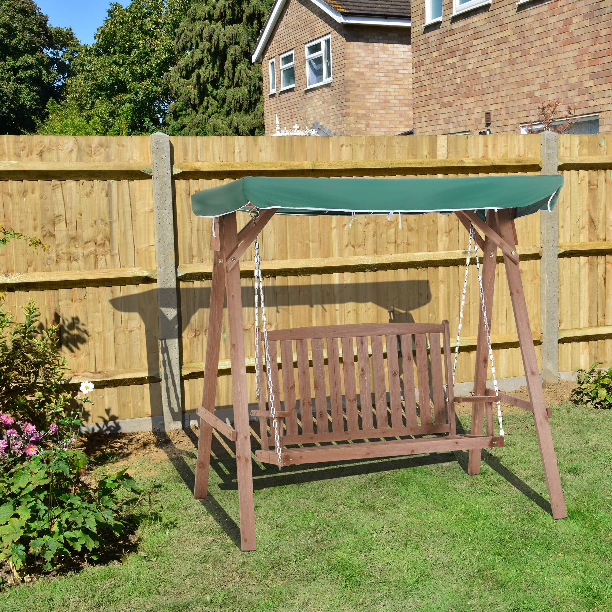 Outsunny - Balancelle de jardin 2 places dim. 1,6L x 1,2l x 1,65H m charge max. reco. 227 Kg toit pare-soleil intégré bois de sapin polyester vert - Outsunny - Imagen 2