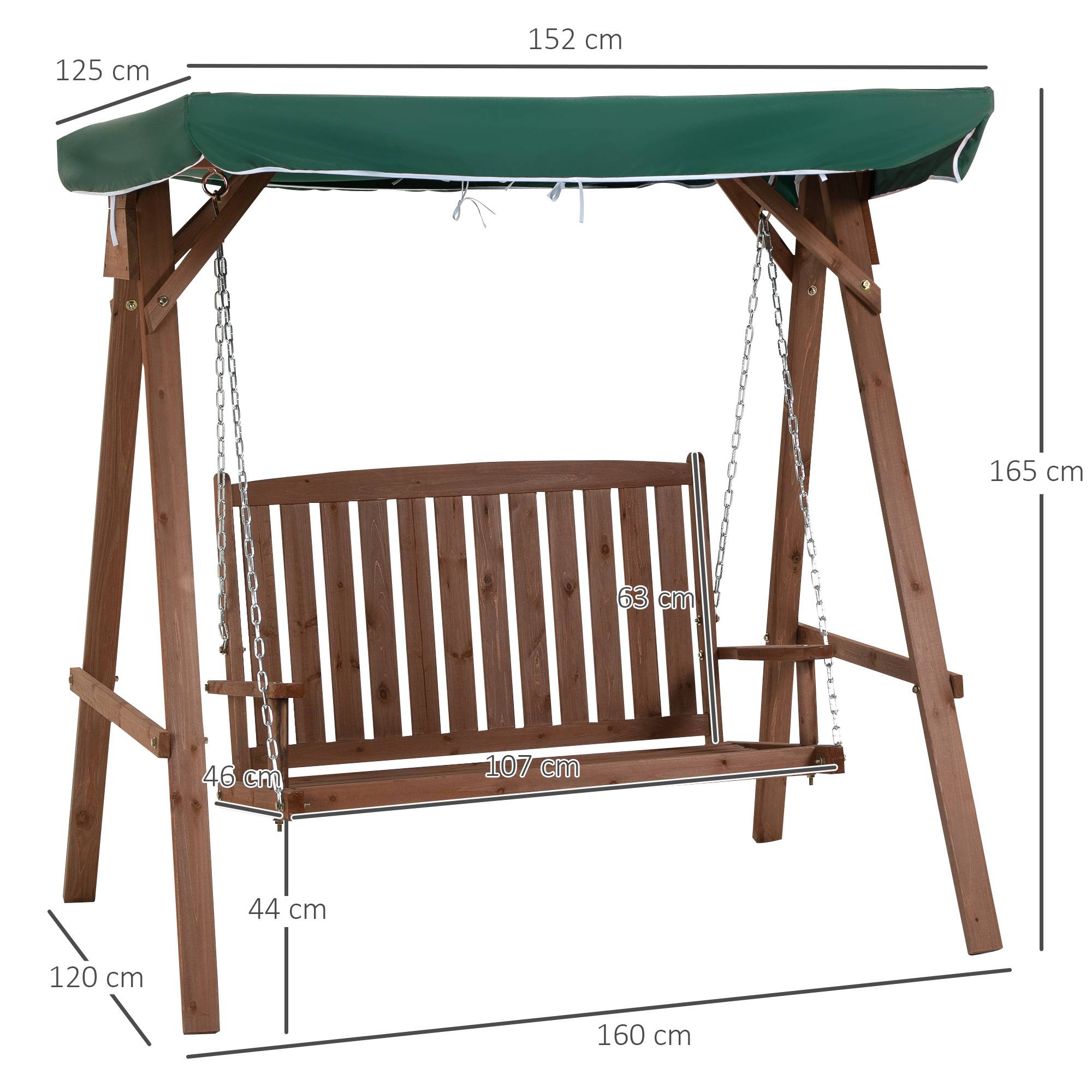 Outsunny - Balancelle de jardin 2 places dim. 1,6L x 1,2l x 1,65H m charge max. reco. 227 Kg toit pare-soleil intégré bois de sapin polyester vert - Outsunny - Imagen 5