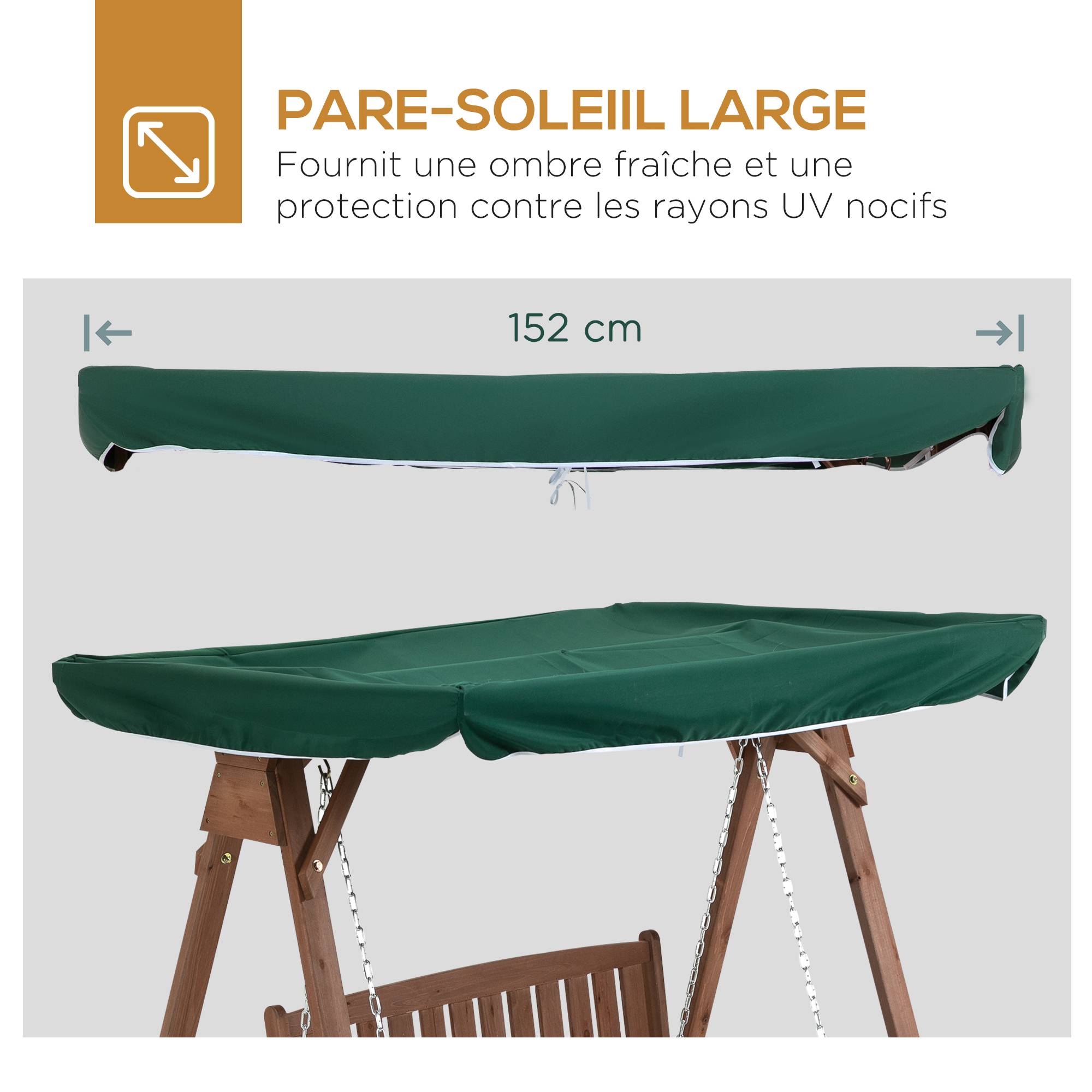 Outsunny - Balancelle de jardin 2 places dim. 1,6L x 1,2l x 1,65H m charge max. reco. 227 Kg toit pare-soleil intégré bois de sapin polyester vert - Outsunny - Imagen 3