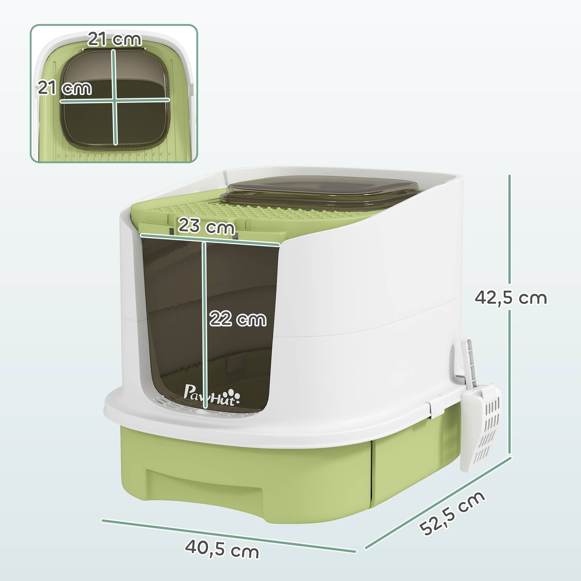 Litière fermée entrée avant sortie haute bac extraible pelle 40,5x52,5x42,5 cm blanc vert - Image 5
