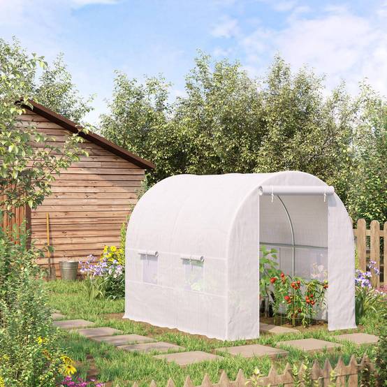 Serre tunnel de jardin 5m², serre de jardin tunnel avec porte et 4 fenêtres, bâche PE 140 g/m² 245 x 200 x 200 cm blanc - Image 4