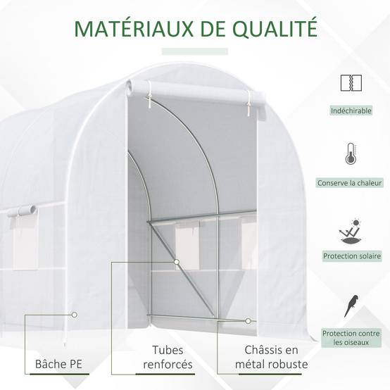 Serre tunnel de jardin 5m², serre de jardin tunnel avec porte et 4 fenêtres, bâche PE 140 g/m² 245 x 200 x 200 cm blanc - Image 6