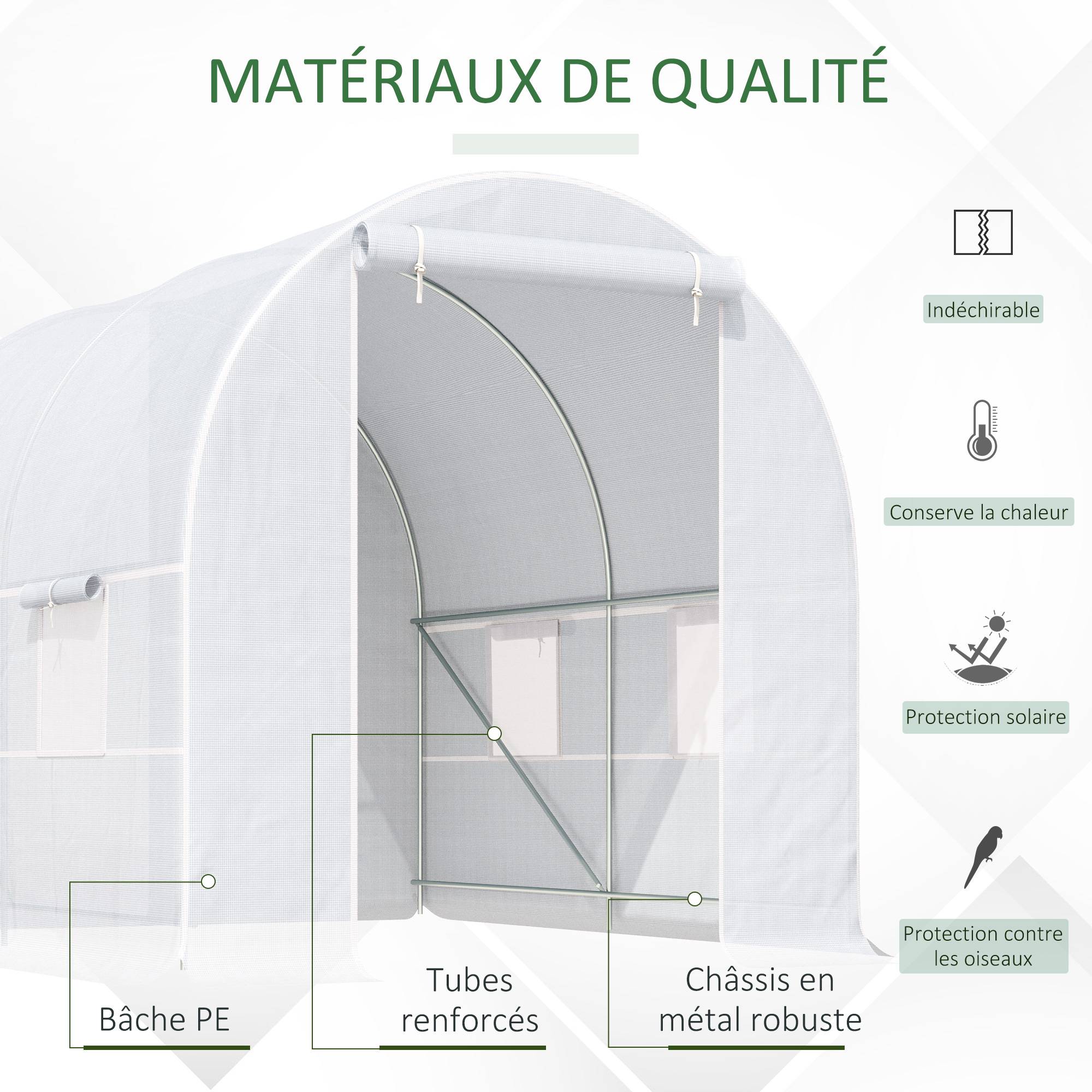 Serre tunnel de jardin 5m², serre de jardin tunnel avec porte et 4 fenêtres, bâche PE 140 g/m² 245 x 200 x 200 cm blanc - Image 6