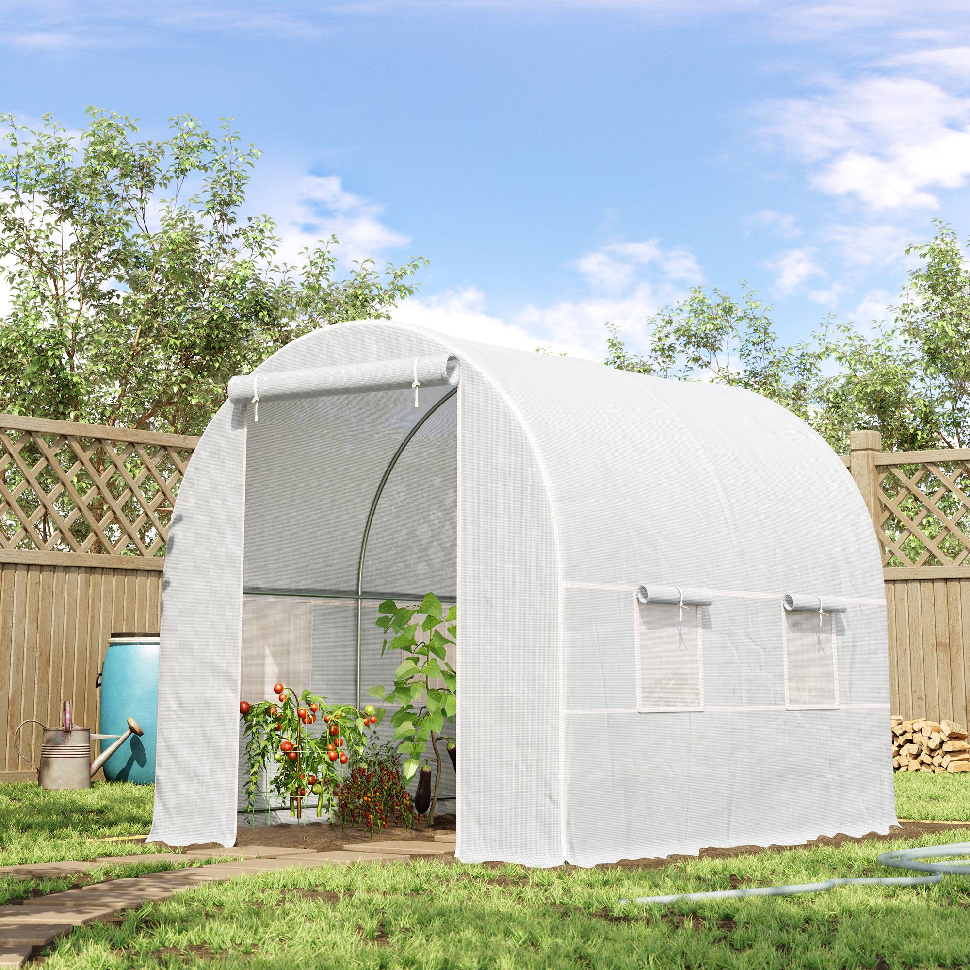 Serre tunnel de jardin 5m², serre de jardin tunnel avec porte et 4 fenêtres, bâche PE 140 g/m² 245 x 200 x 200 cm blanc - Image 3