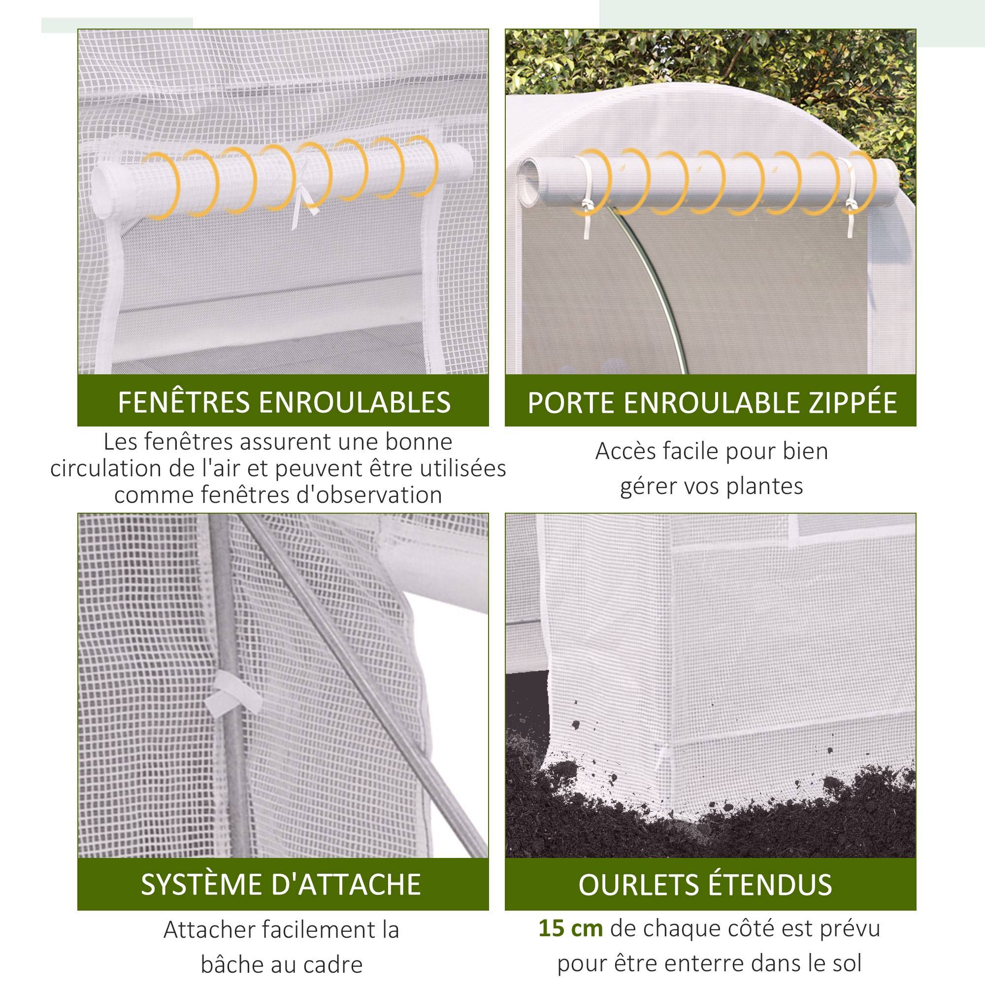 Serre tunnel de jardin 5m², serre de jardin tunnel avec porte et 4 fenêtres, bâche PE 140 g/m² 245 x 200 x 200 cm blanc - Image 7
