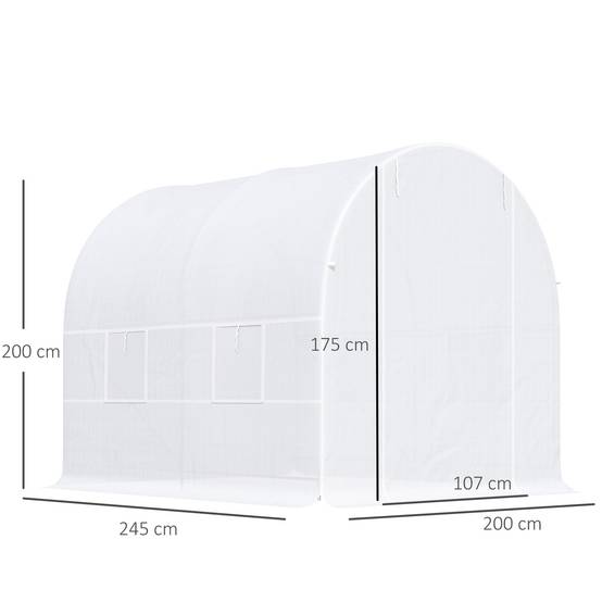 Serre tunnel de jardin 5m², serre de jardin tunnel avec porte et 4 fenêtres, bâche PE 140 g/m² 245 x 200 x 200 cm blanc - Image 5