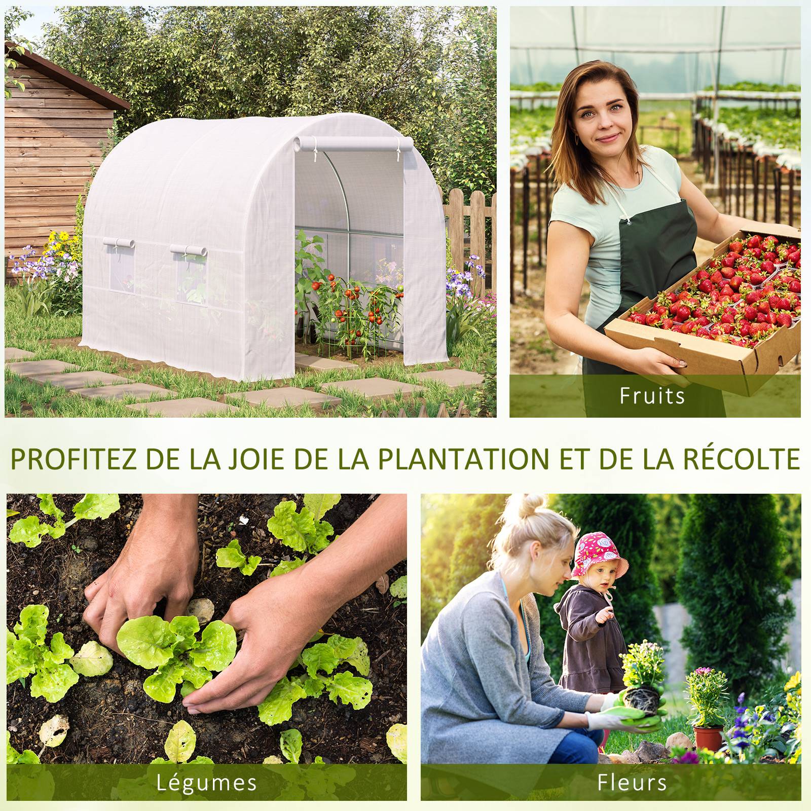 Serre tunnel de jardin 5m², serre de jardin tunnel avec porte et 4 fenêtres, bâche PE 140 g/m² 245 x 200 x 200 cm blanc - Image 8