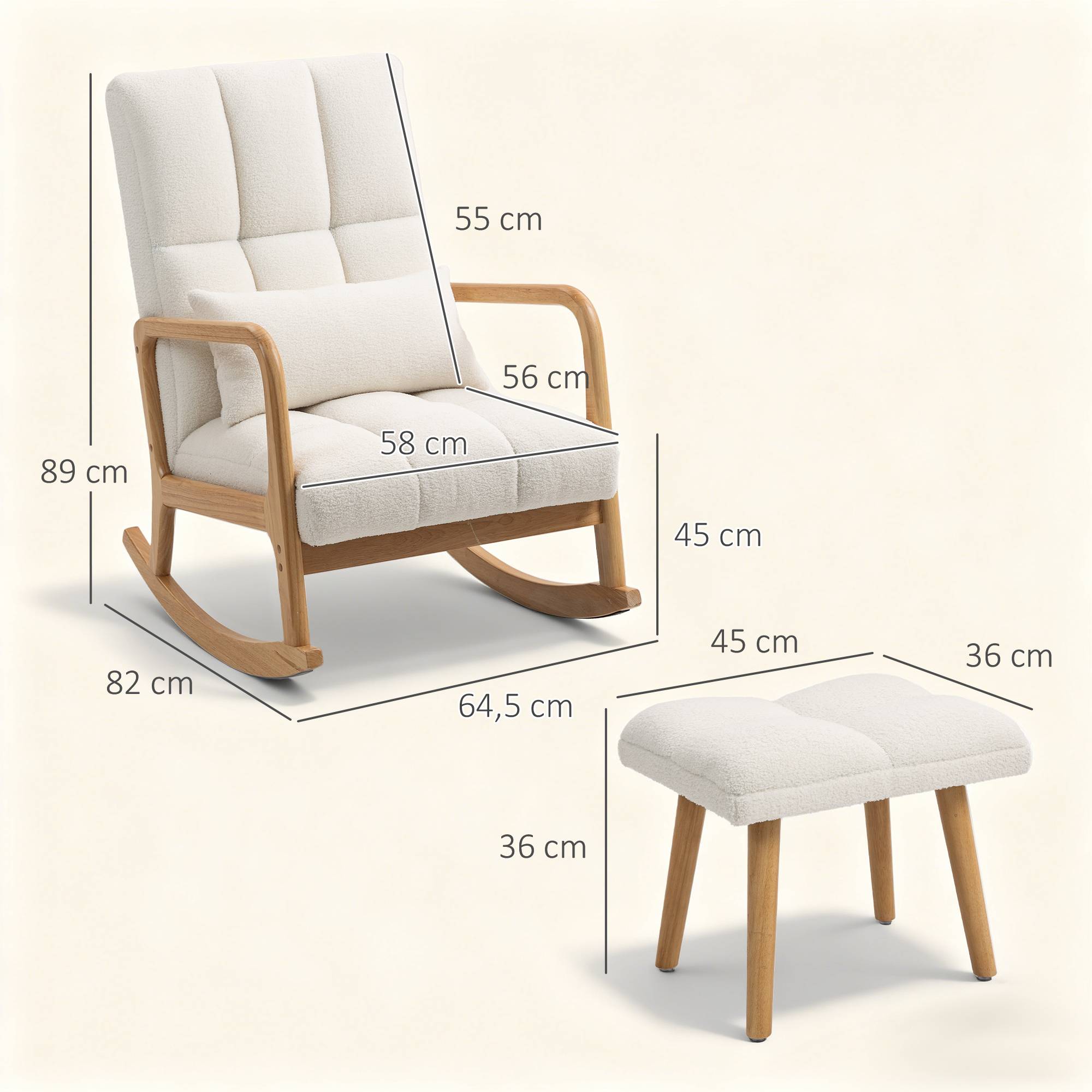 Fauteuil à bascule avec repose-pieds, rocking chair en tissu bouclette, pieds en bois, 64,5 x 82 x 89 cm, blanc - Image 5