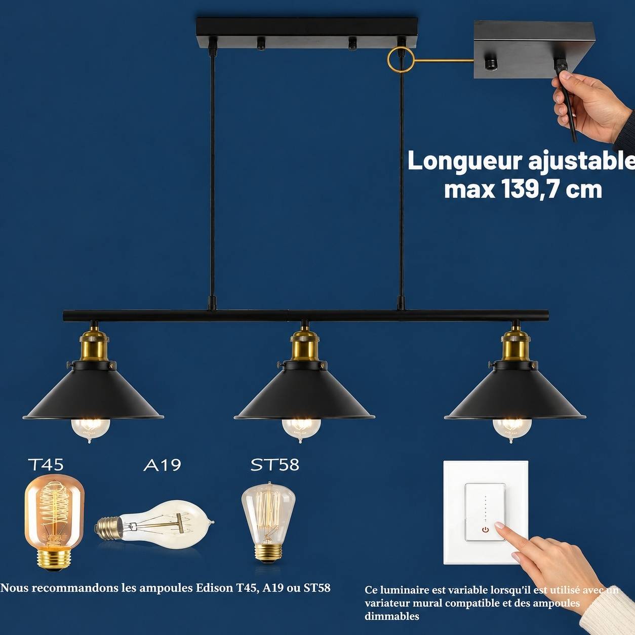 Suspension Industrielle Vintage 3 Lumieres Hauteur Reglable E27 - Image 2