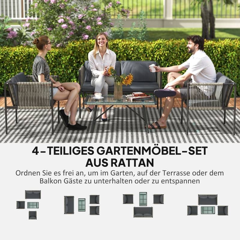 Salon de jardin 4 places résine tressée acier terrasse balcon coussins déhoussables gris - ComfortXL Outdoor Living - Image 4