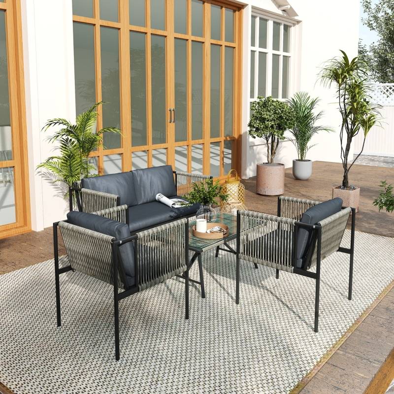 Salon de jardin 4 places résine tressée acier terrasse balcon coussins déhoussables gris - ComfortXL Outdoor Living - Image 1