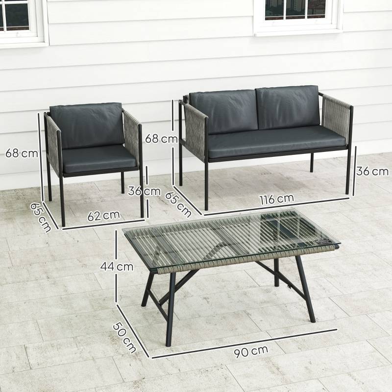 Salon de jardin 4 places résine tressée acier terrasse balcon coussins déhoussables gris - ComfortXL Outdoor Living - Image 3