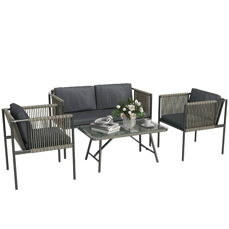 Salon de jardin 4 places résine tressée acier terrasse balcon coussins déhoussables gris - ComfortXL Outdoor Living - Image 2